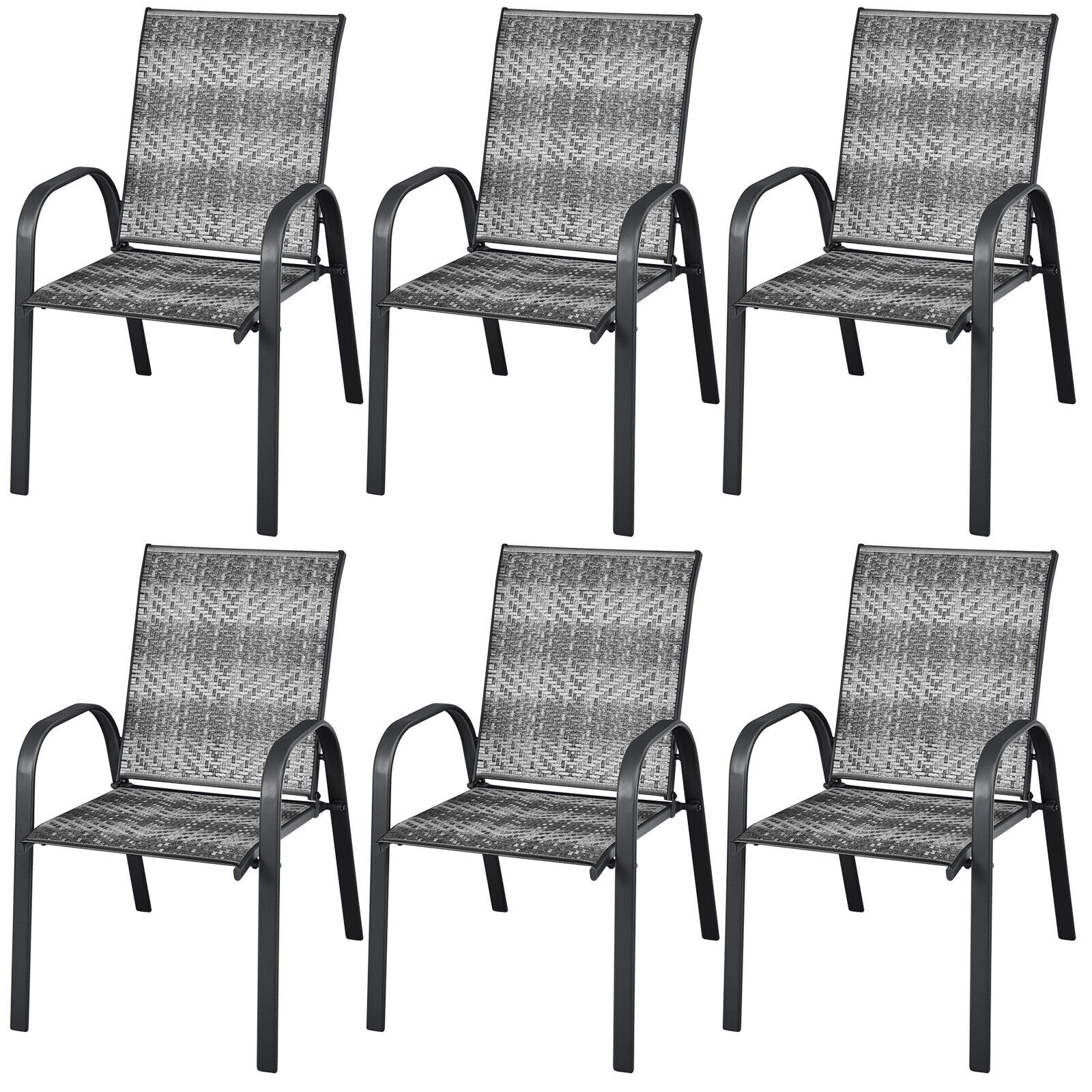 SUGIFT Set of 6 Stackable PE Rattan Wicker Outdoor Dining Chairs with Steel Frames and Armrests