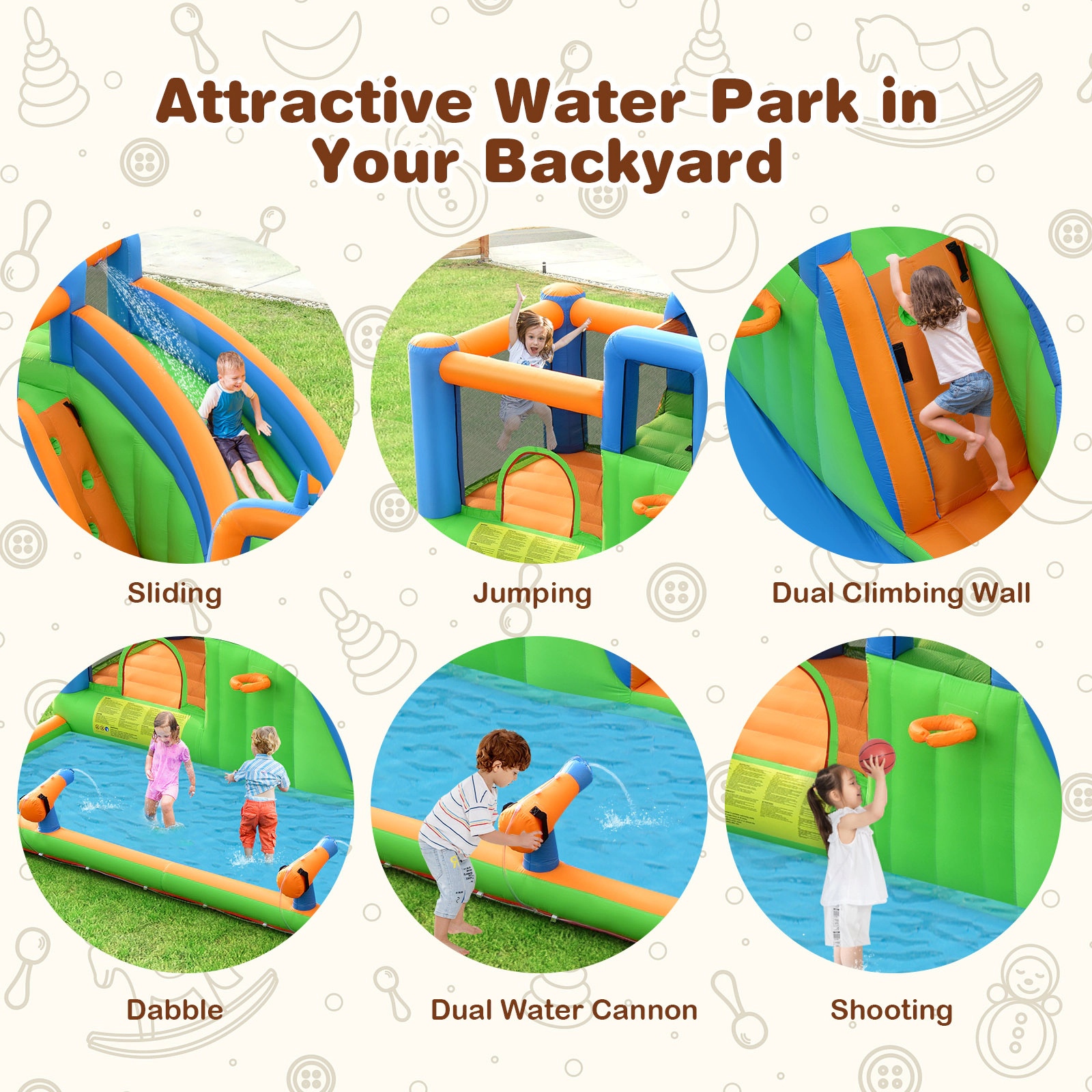 SUGIFT Dual Climbing Walls and 735W Blower 7-in-1 Kids Inflatable Giant Water Park