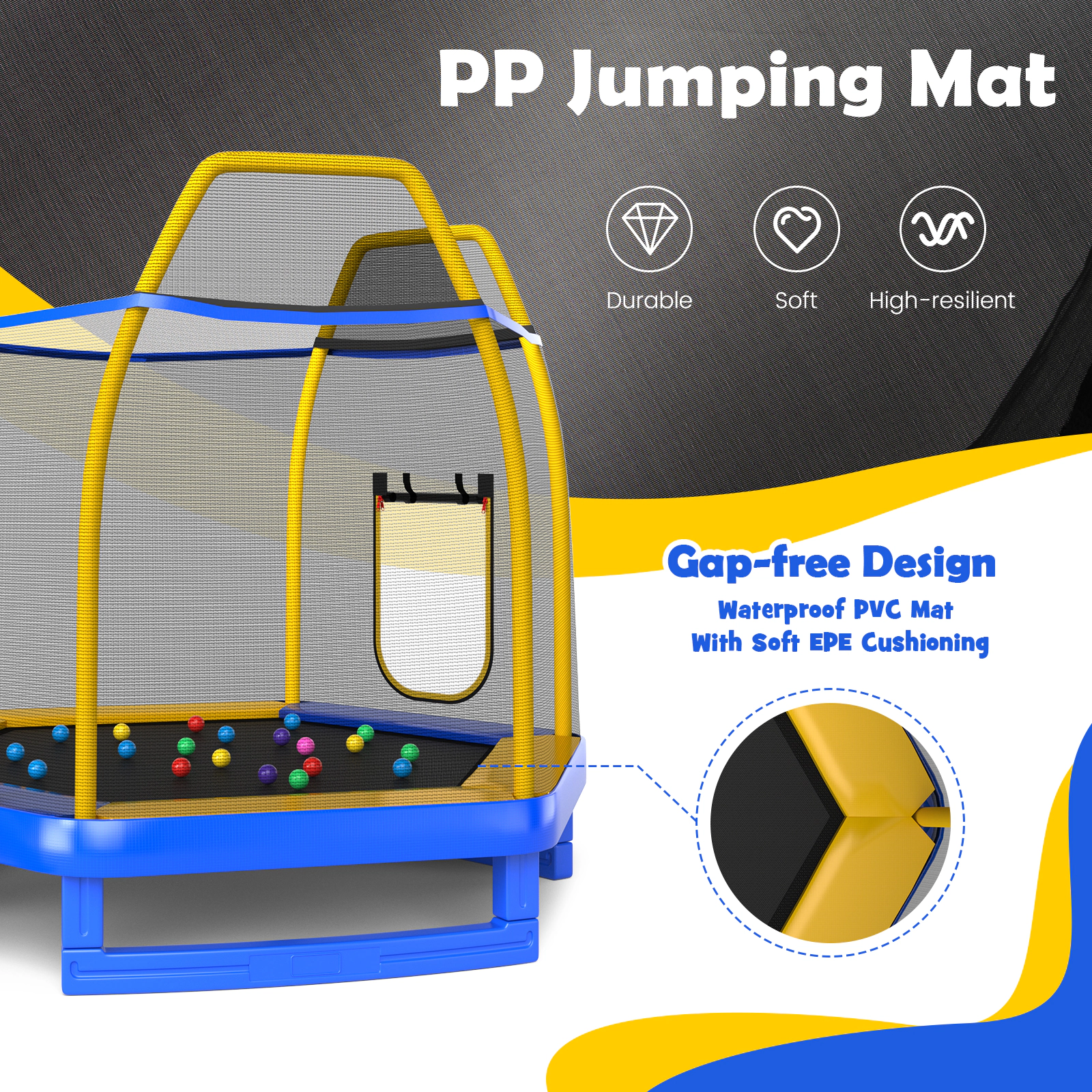SUGIFT Blue and Yellow 7.3-ft Kids Trampoline with Enclosure Net Ladder and Slide 600-lb Frame Load