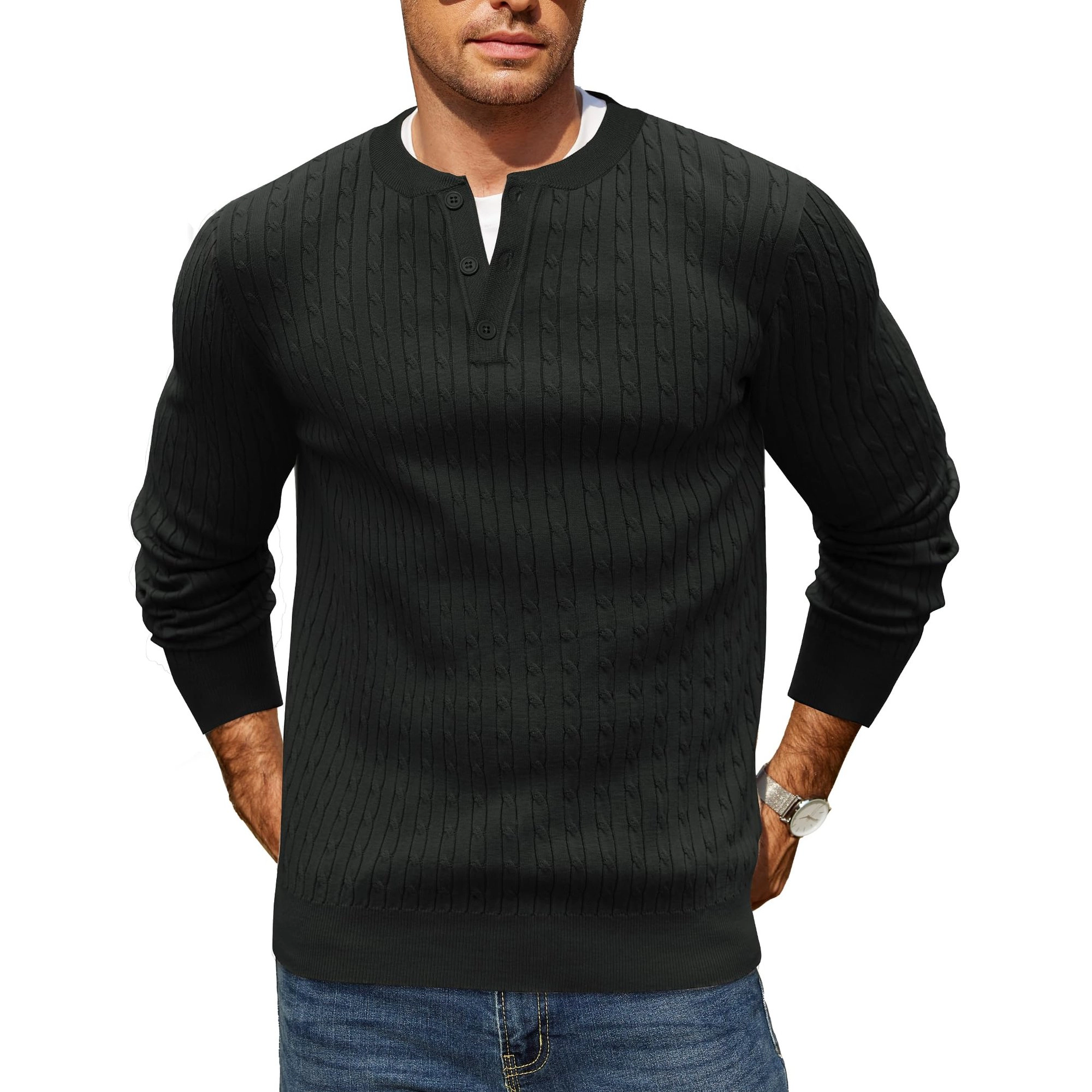 COOFANDY Mens Long Sleeve Henley Neck Sweater Fall Cable Knit Pullover Casual Tops
