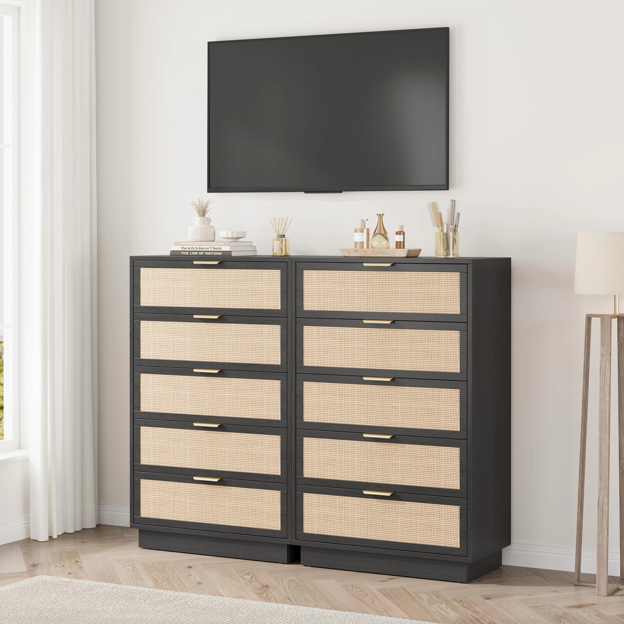 5 Drawer Rattan Dresser with Integrated Legs, Natural Wooden Storage Chest for Bedroom Entryway Closet
