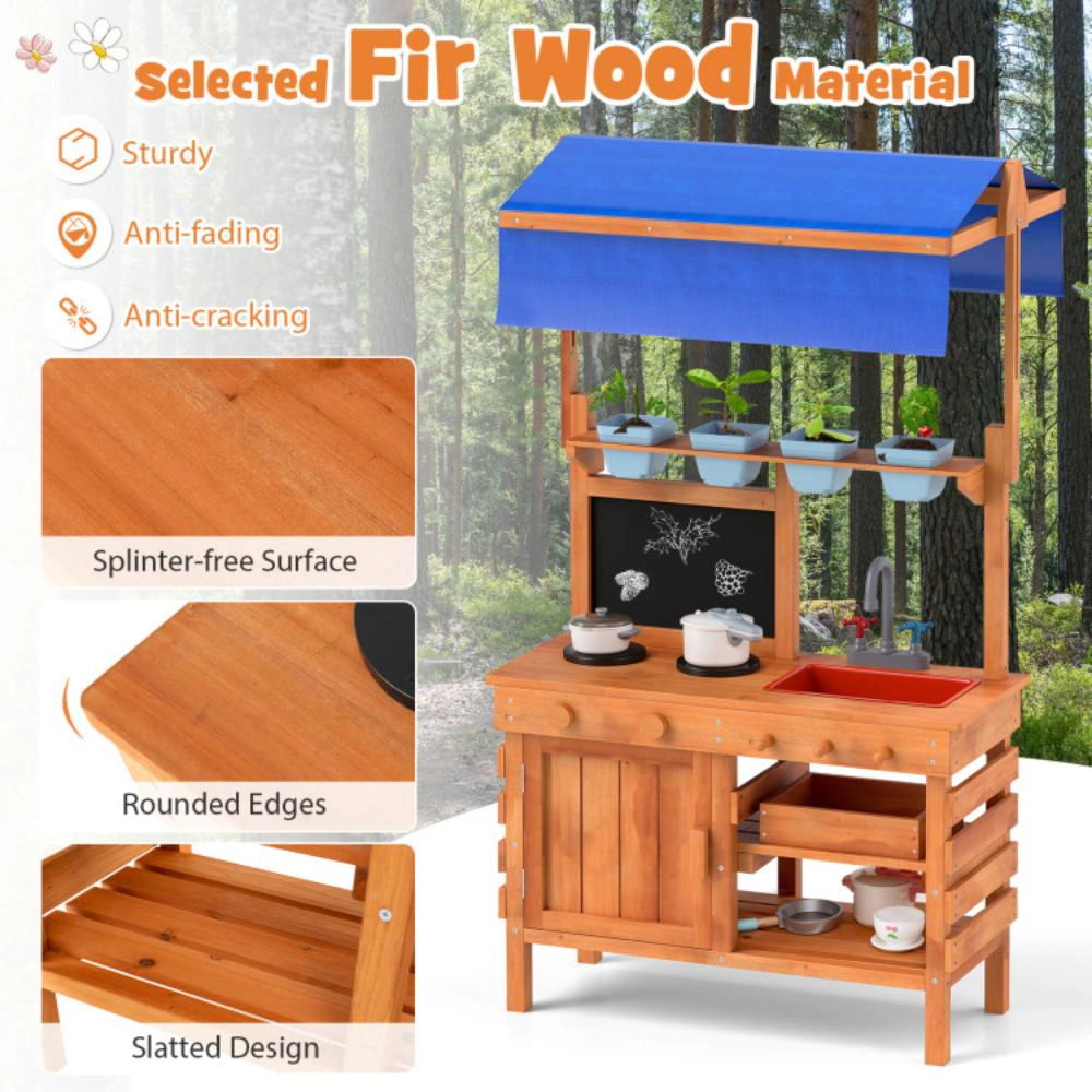 Hivvago Wooden Pretend Play Kitchen with Height Adjustable Canopy for Kids-Natural