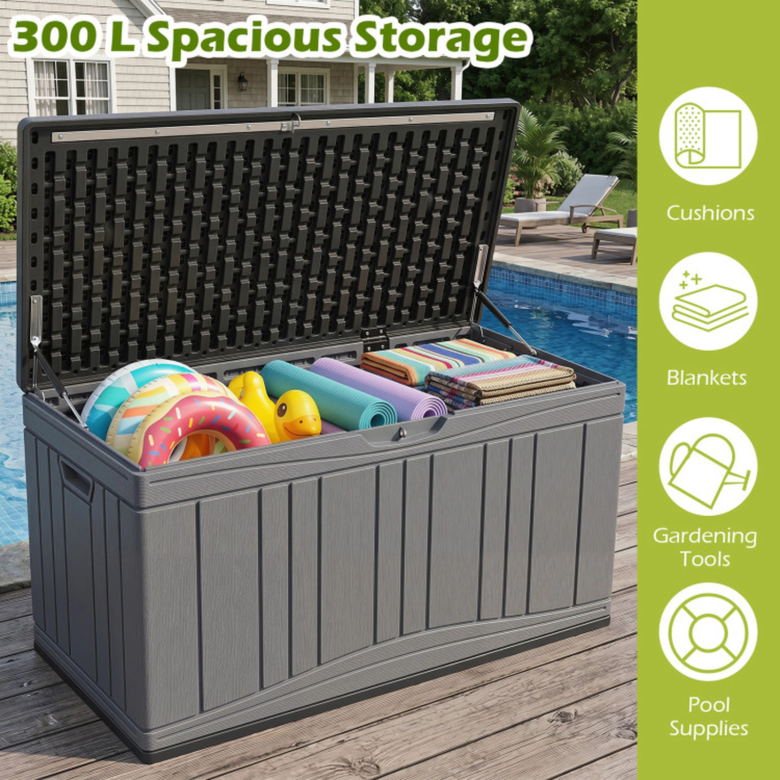 SUGIFT 80 Gallon HDPE Storage Box Deck Box with Lockable Lid 330-lb Capacity 45-in Wide Garden Tools Cushions Gray