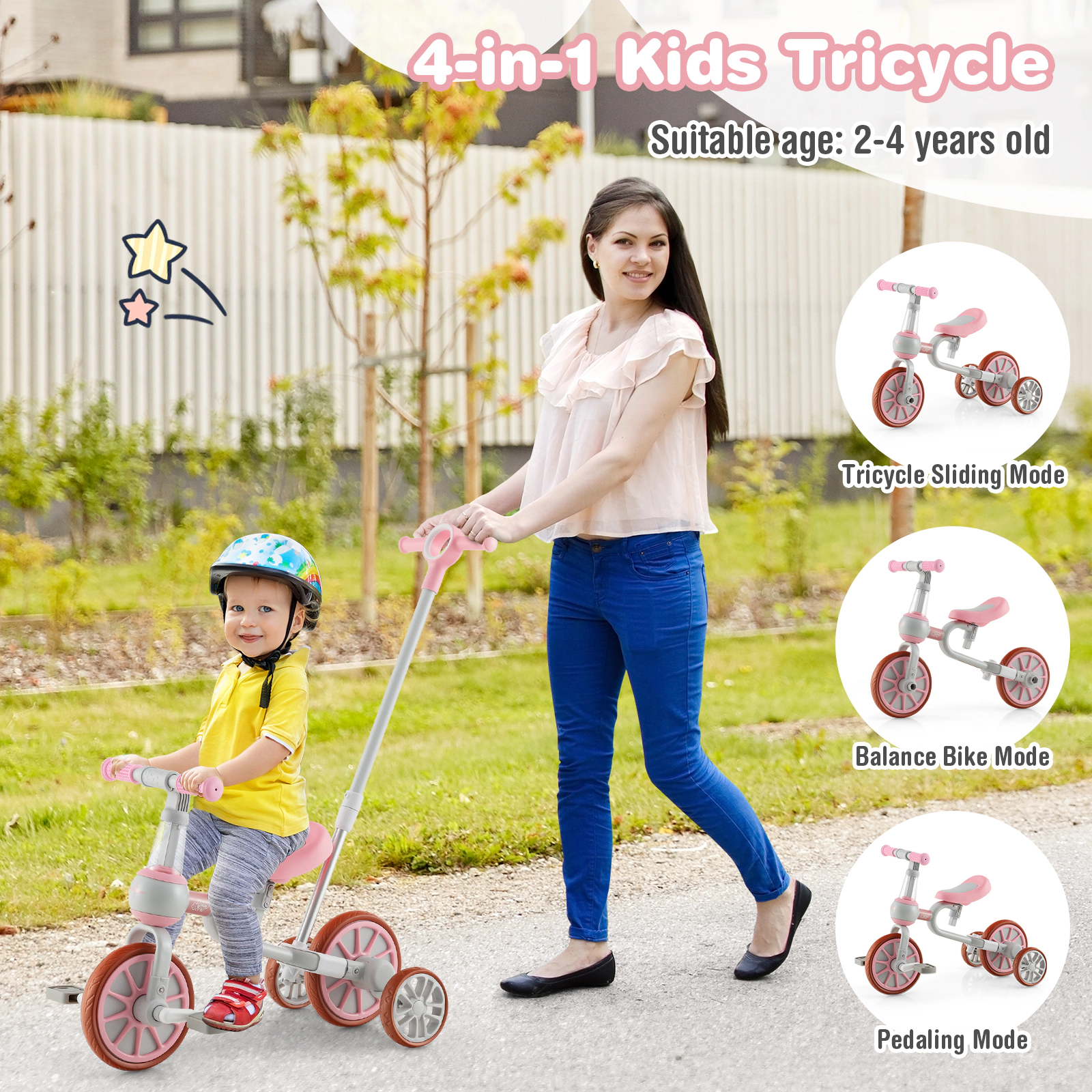 4-in-1 Kids Trike 4-Level Parent Push Handle Detachable Pedals and Training Wheels for Ages 2-4 Toddler Balance Bike