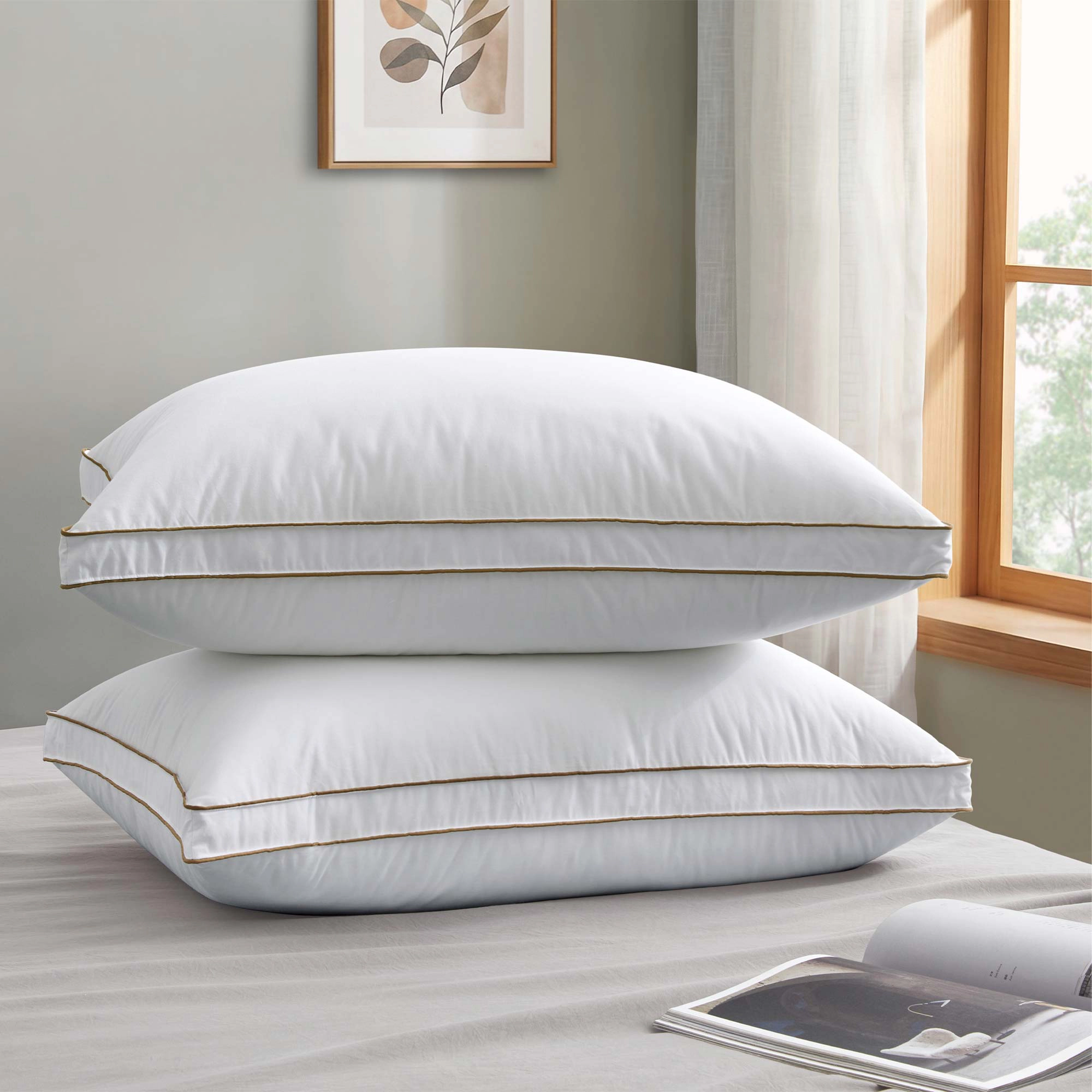 PEACENEST High Loft Goose Feather Pillow Set with Cotton Shell