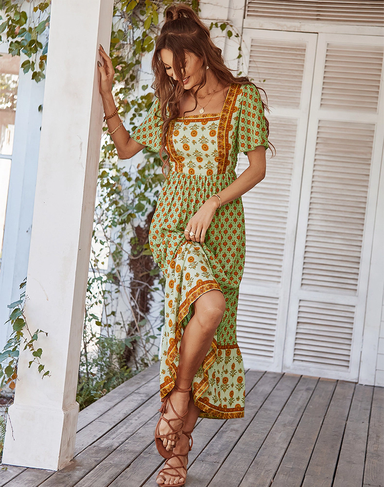 KOJOOIN Women's Boho Floral Maxi Dress Square Neck Puff Short Sleeve Ruffle Flowy Summer Beach