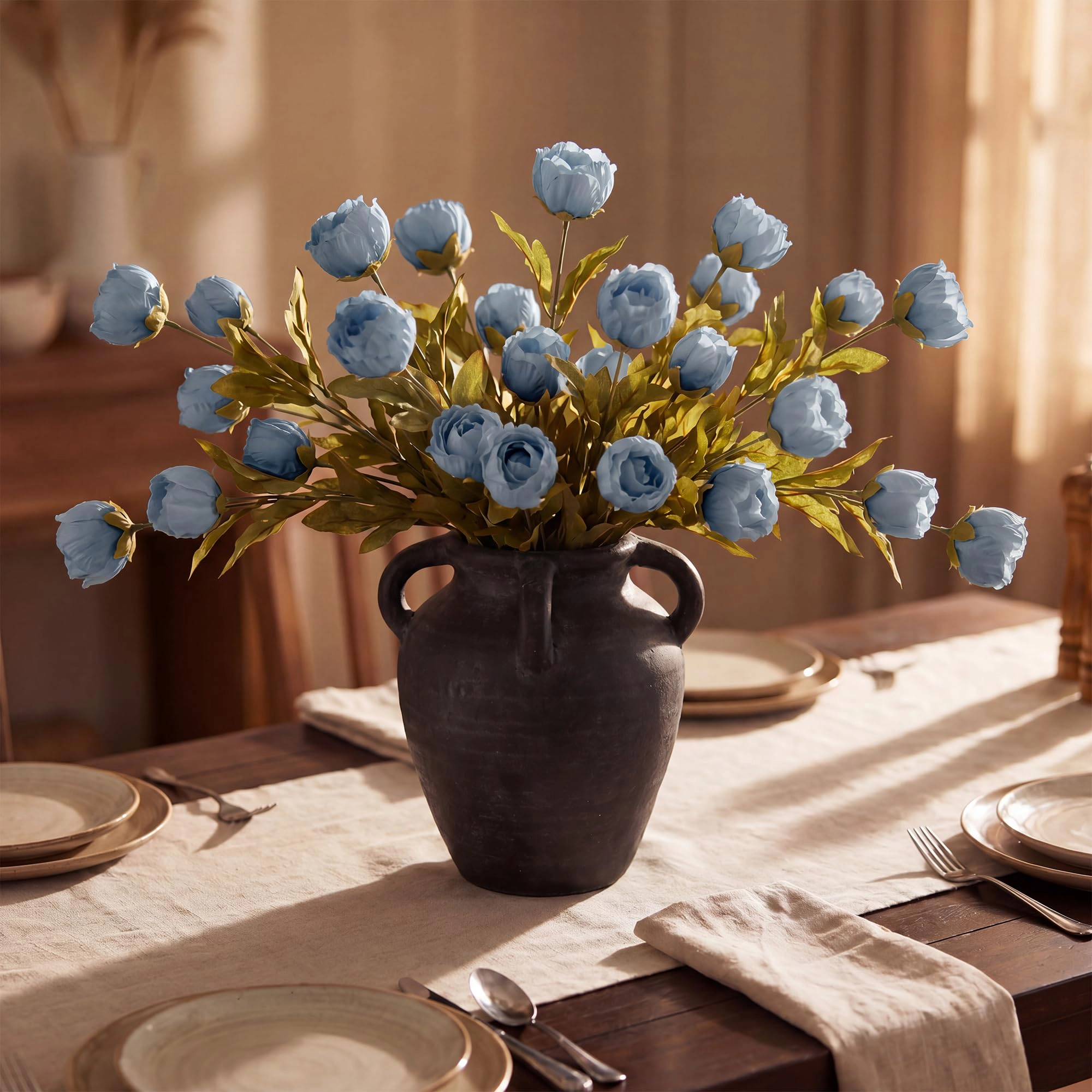 PUPWE 6 Faux Silk Peony Artificial Flowers For Vase Decor Blue