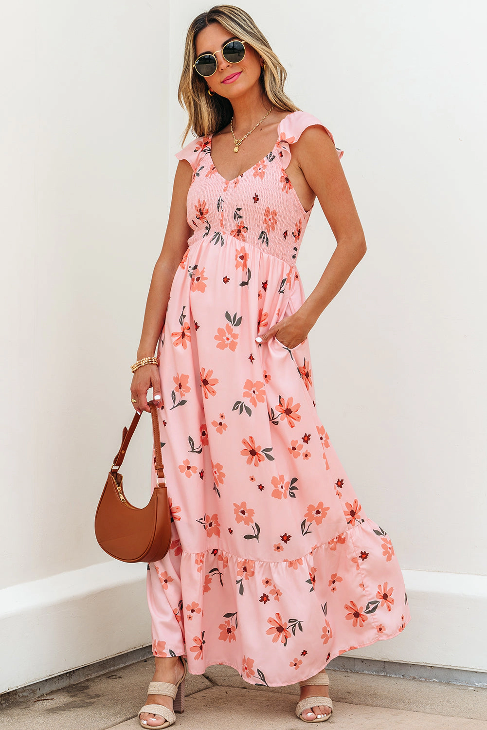 Threaded Pear Women's Clare Floral High Waist Ruffle Hem Long Dress