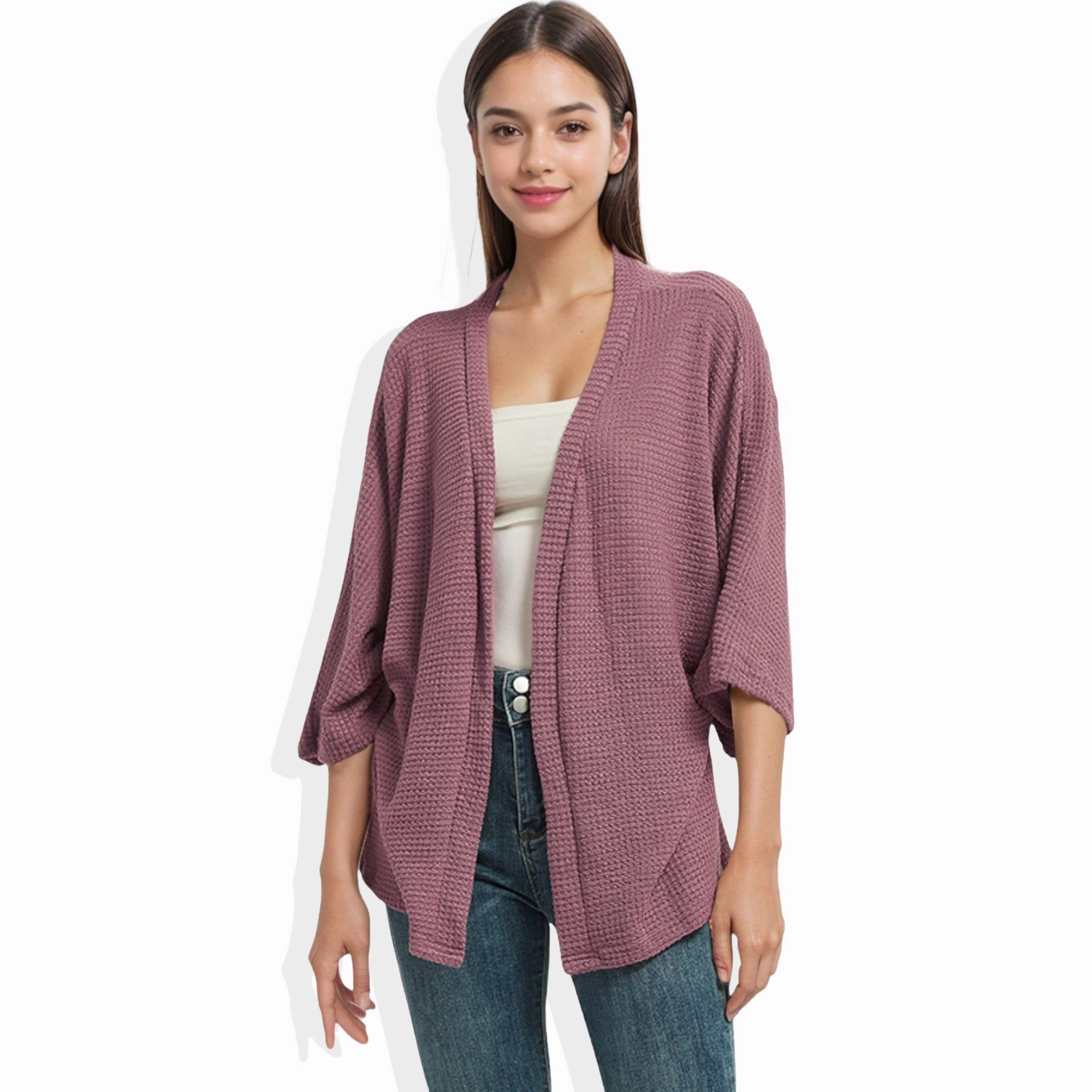 Anna-Kaci Women's Waffle Knit Lightweight Duster 3/4 Batwing Sleeve Cardigan