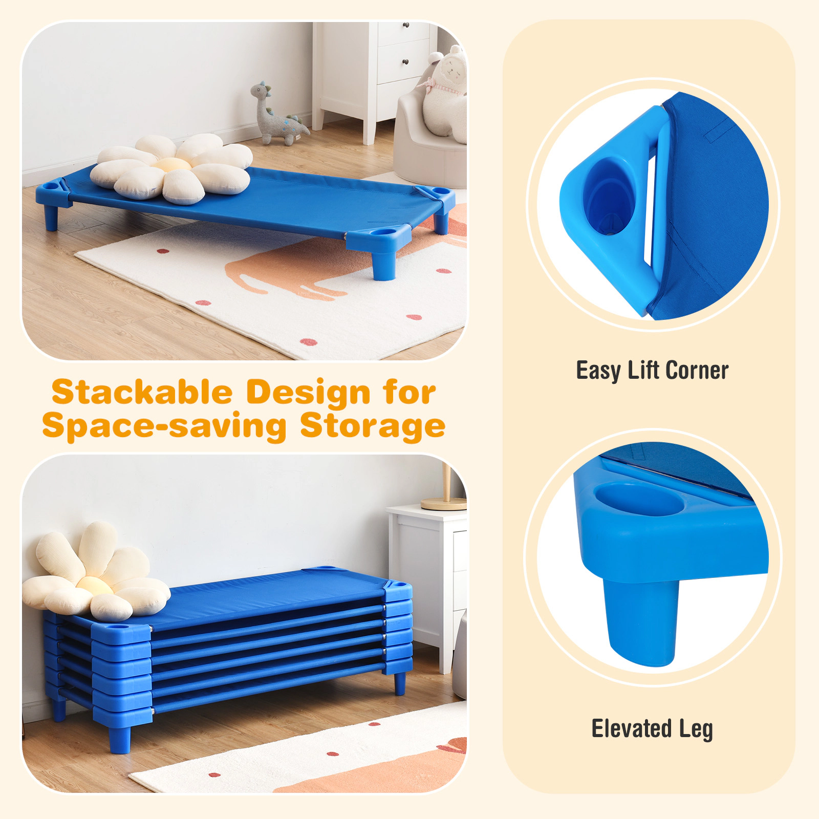 SUGIFT Blue 6-Pack Stackable Kids Daycare Nap Mat with Detachable Fabric Bed 51-in L 22.5-in W 6-in H