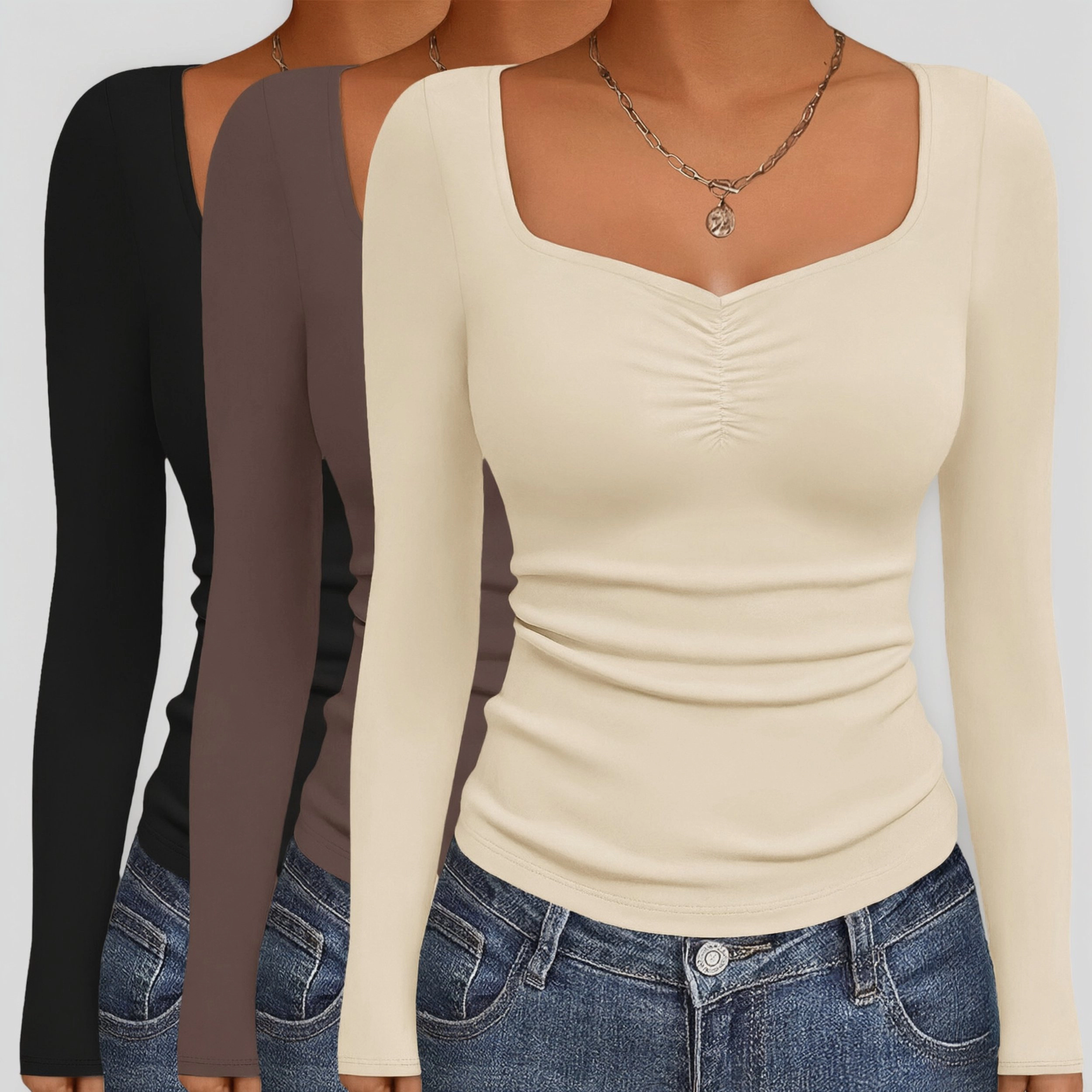 Ekouaer Women's Square Neck Long Sleeve Ruched Slim Fit T-Shirt