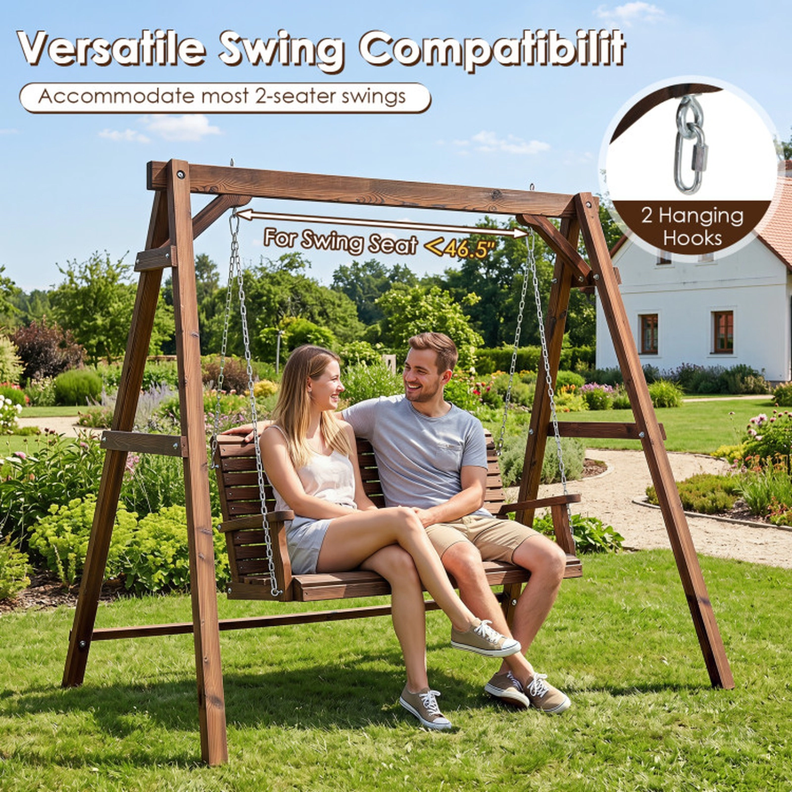 SUGIFT Heavy-Duty Fir Wood A-Frame Swing Stand with Reinforced Bars 880-lb Capacity with 2 Hanging Rings Brown
