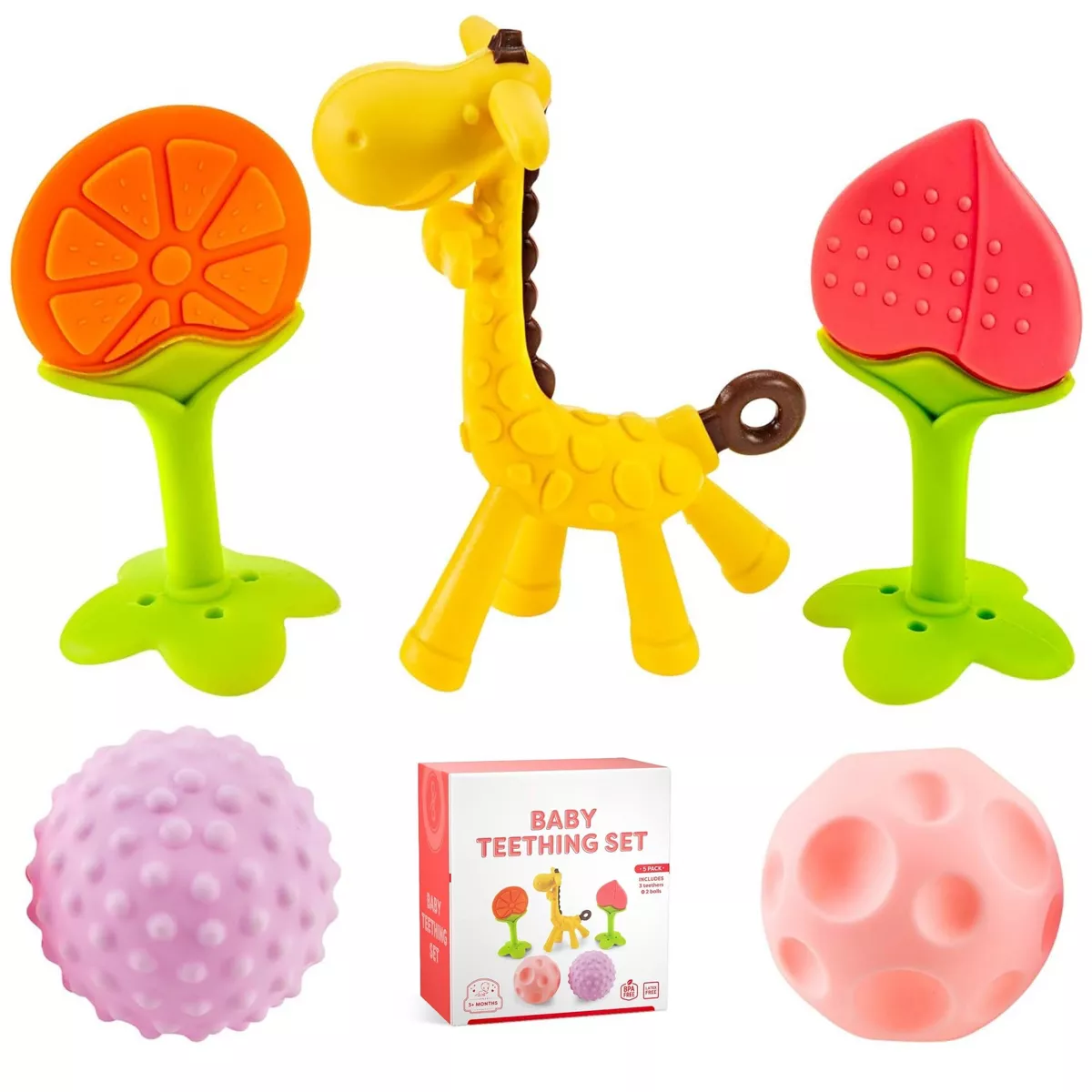 Sperric Silicone Baby Teething Toys 5 Pack, Sensory Balls & Fruit Teethers for Infant 0‑12 Months, BPA‑Free Freezer Safe