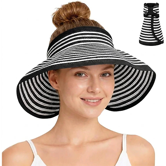 Anna-Kaci Women's Roll-Up Straw Visor Hat Wide Brim Striped Sun Hat Bow Adjustable Open Top Beach Cap, Hot Pink Stripe