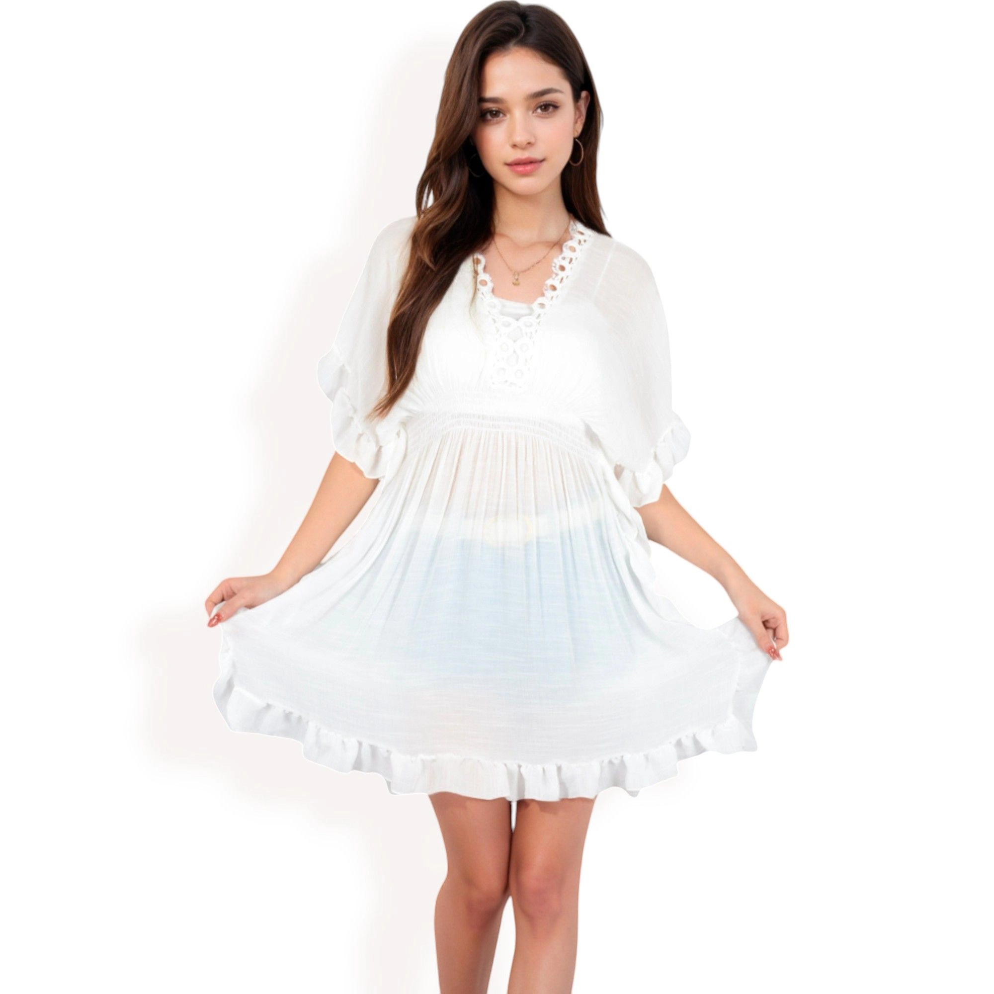 Anna-Kaci Women's Flutter Sleeve A-Line Dress with Crochet Trim V-Neck and Smocked Waist