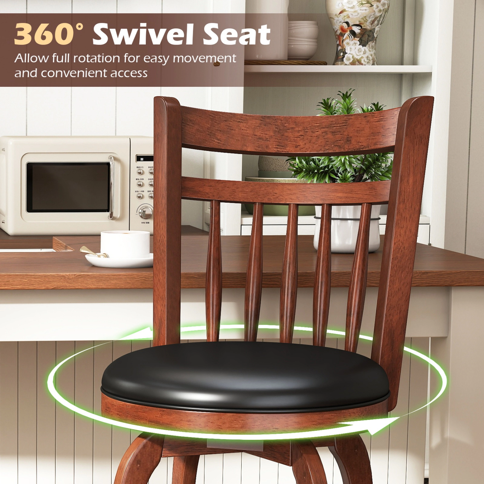 SUGIFT 360° Swivel Counter Height Faux Leather Bar Stool Set of 2 330-lb Capacity 24-in Seat Height Expresso and Black