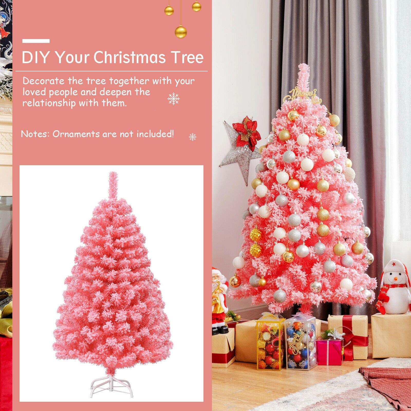 Glintex 4.5-Ft Pink Snow Flocked Christmas Tree with 348 Tips and Metal Stand, Pink