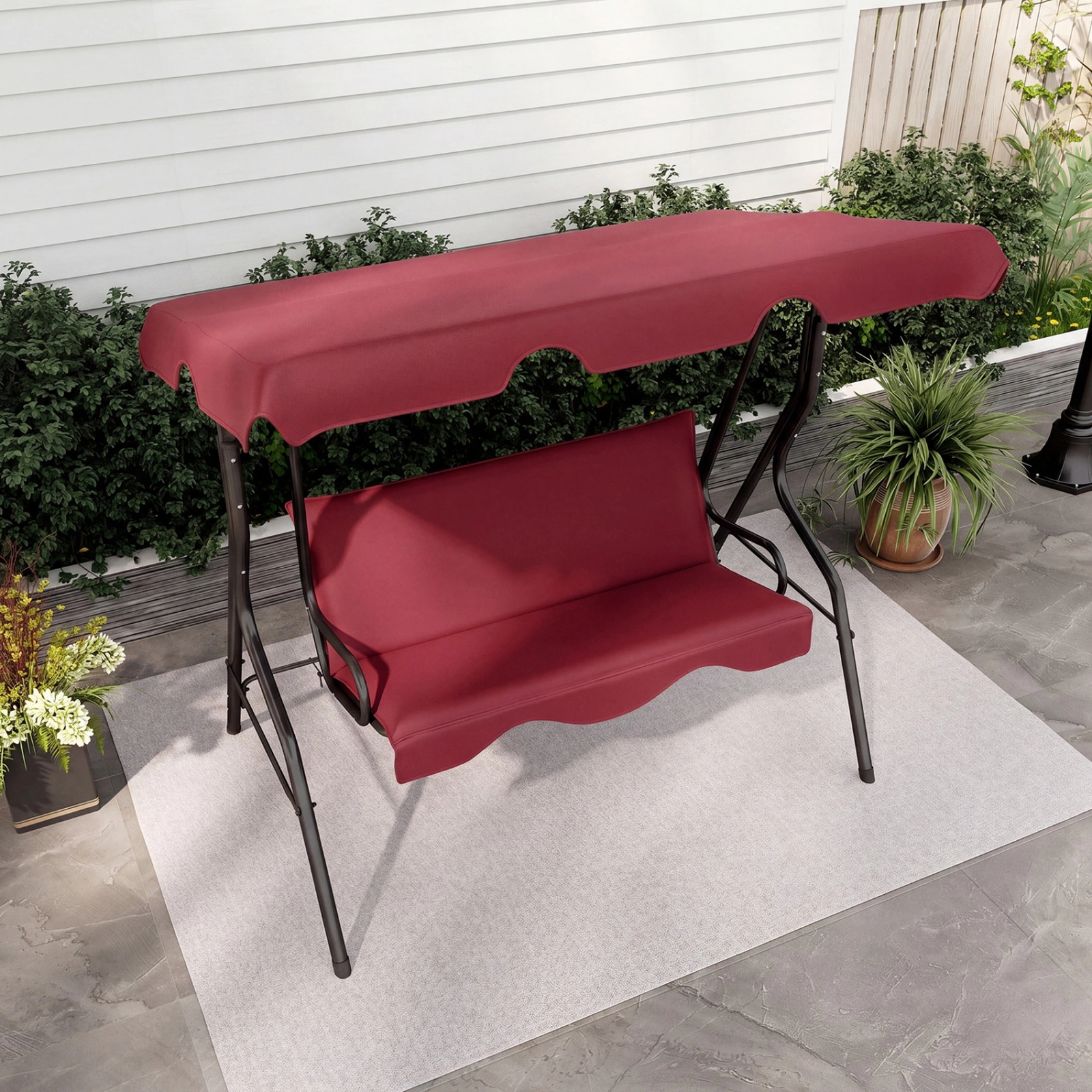 SUGIFT Red 3-Seat Outdoor Patio Swing with Canopy, Cushioned Bench and Steel Frame