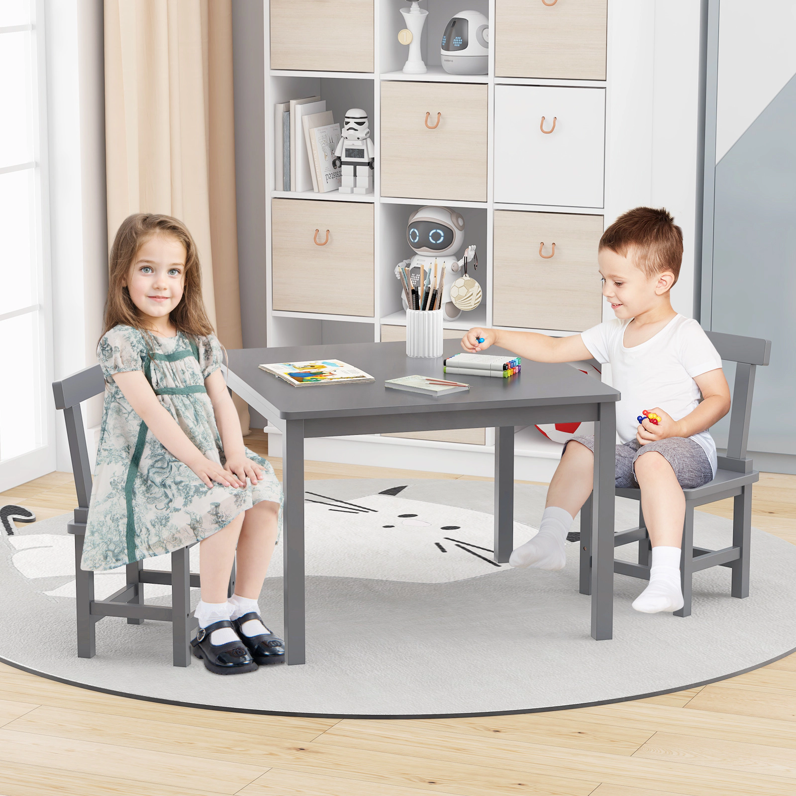 SUGIFT Wooden Kids Table and 2 Chairs Set with Anti-slip Foot Pads Kids Furniture Set 30-in Square Table Gray/White