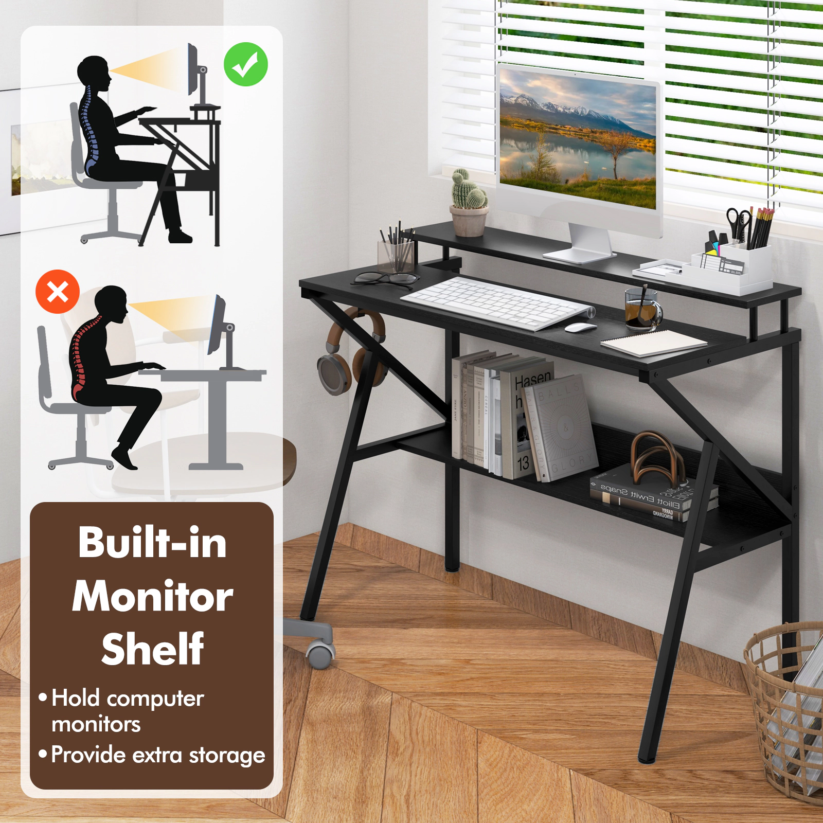 SUGIFT 39.5-In Black Computer Desk with Monitor Riser, Shelf and Hook