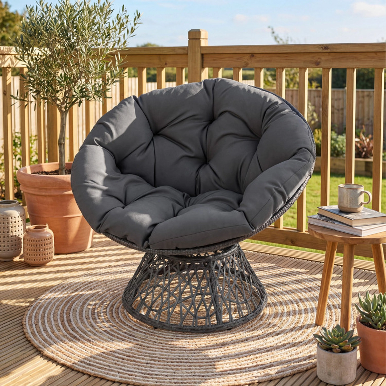 SUGIFT 360-Degree Swivel PE Rattan Cushioned Round Papasan Lounge Chair 32.5-in x 37-in x 33-in 350-lb Capacity Gray