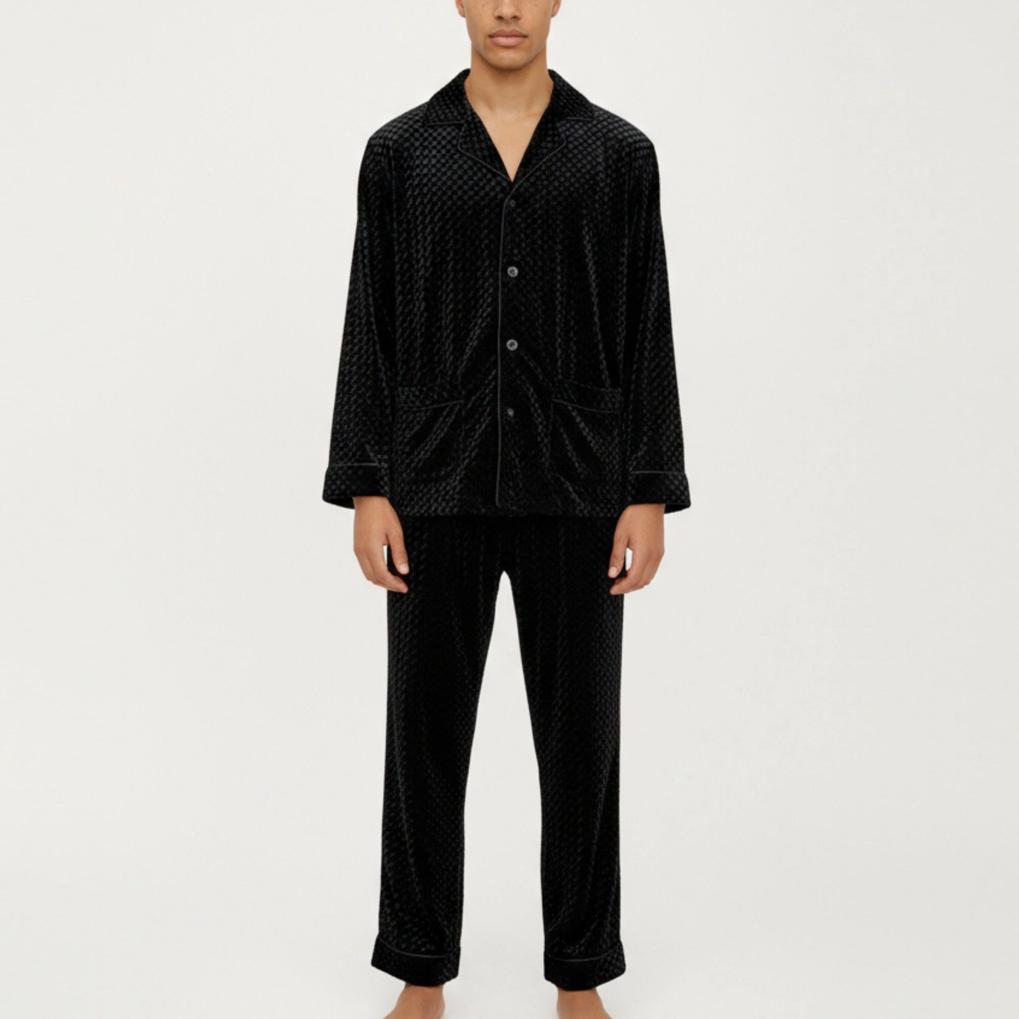 Anna-Kaci Men's 2-Piece Textured Velvet Pajamas with Button Up Top and Straight Leg Pants