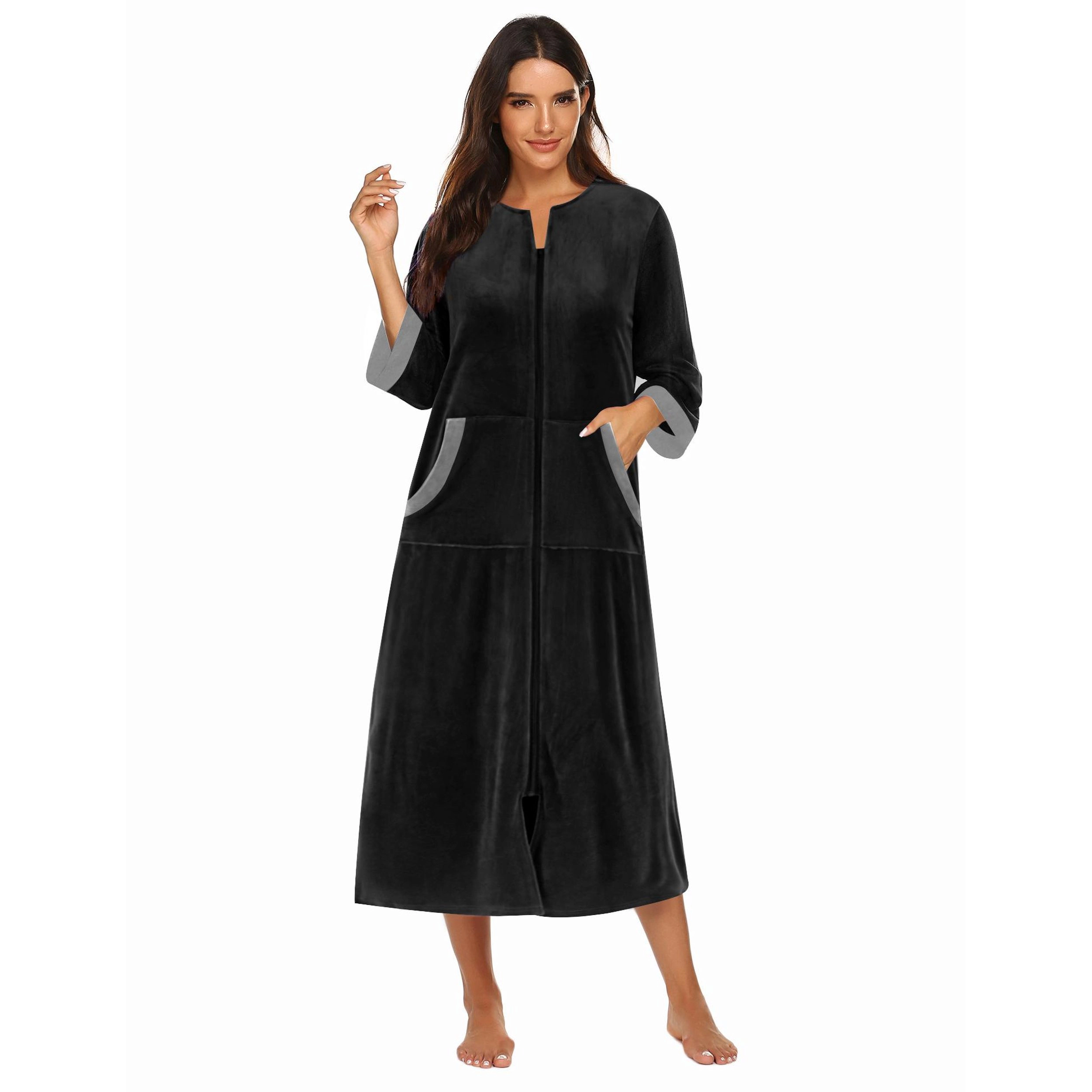 Ekouaer Robe Velour Zipper Three Quarter Sleeves Housecoat Full Length Long Bathrobe