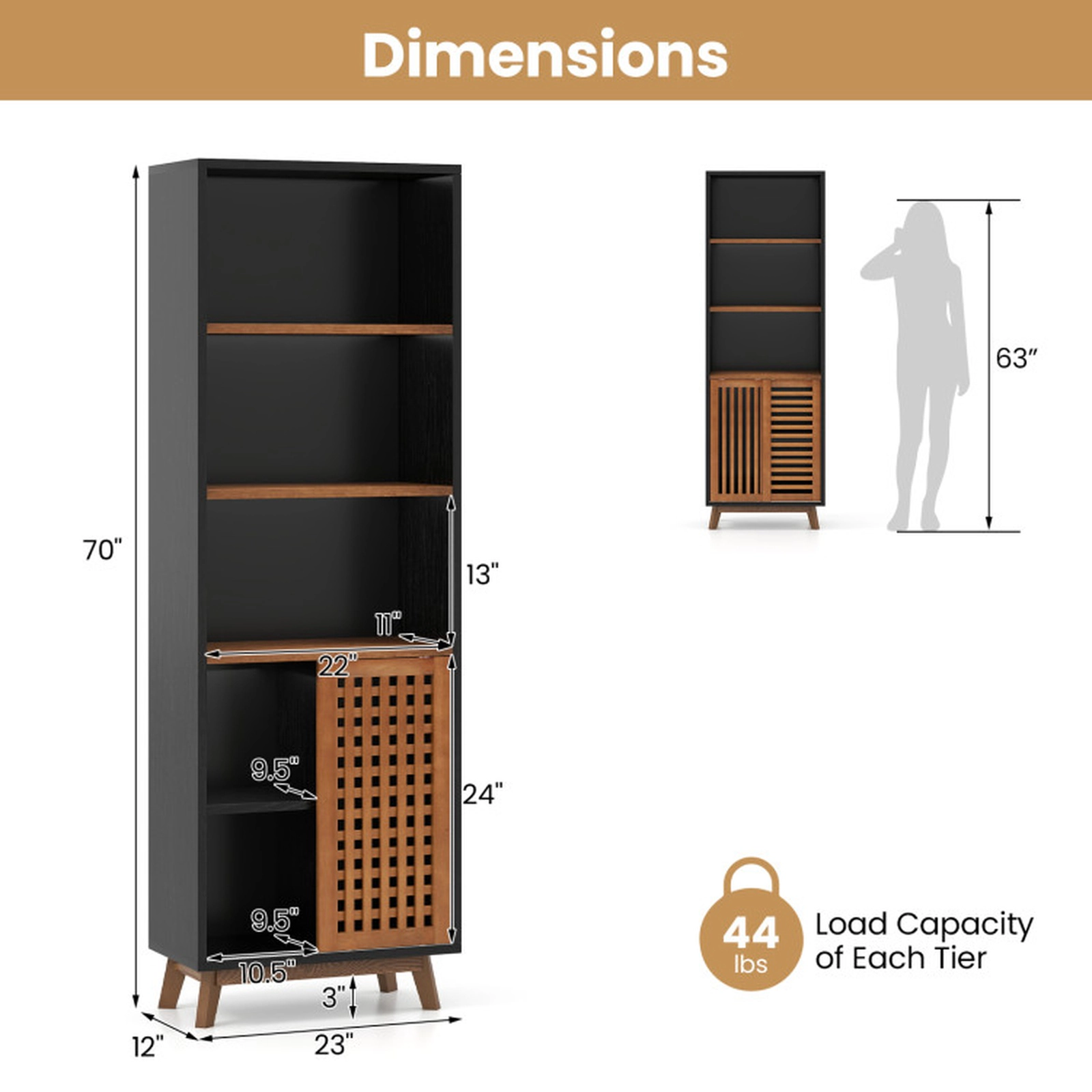 SUGIFT 5-Tier Bookshelf with Triple Open Shelves and Reversible Adjustable Shelf 44-lb Per Tier Capacity Black & Walnut