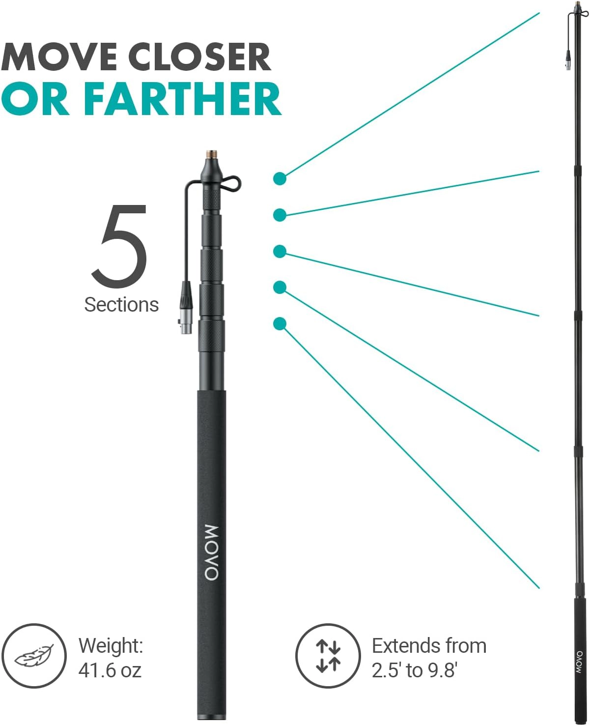 Movo Location Sound Production Bundle with 9.8-Foot Boom Pole and Blimp Windscreen for Shotgun Microphones