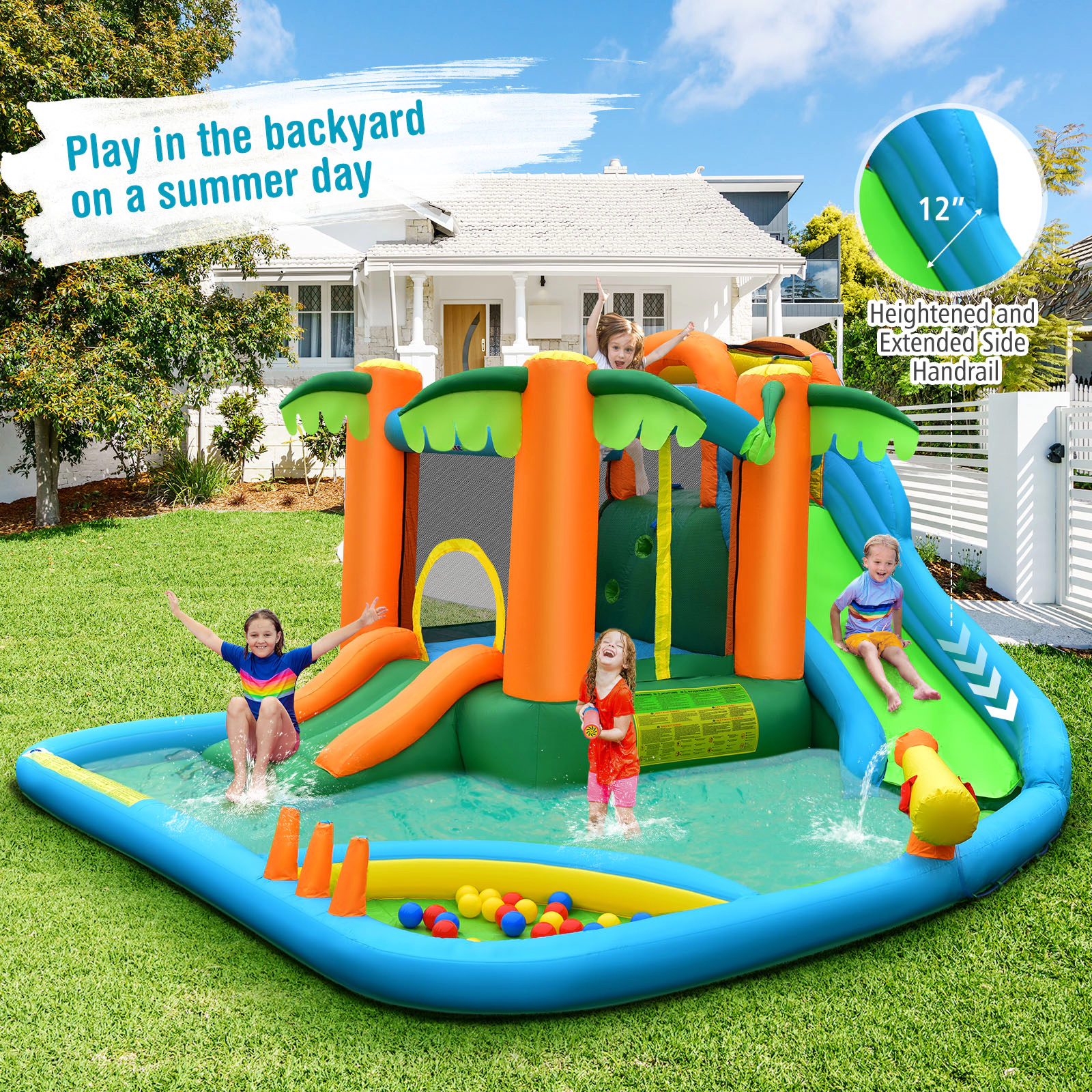 Hivvago 7-in-1 Inflatable Water Slide Park with Trampoline Climbing and 680W Blower