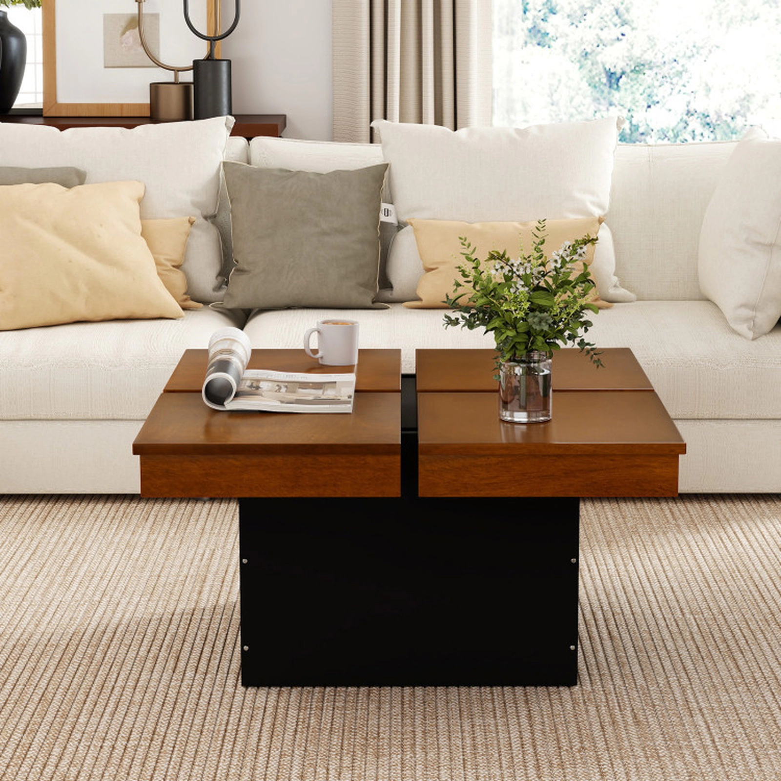 SUGIFT 31.5-in 176-lb Capacity Walnut Square Mid Century Modern Coffee Table with Floating Quad-Section Top