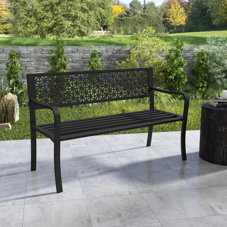 Hivvago 50 Inch Garden Bench With Patterned Backrest And Curved Armrests For 2-3 Person-Black