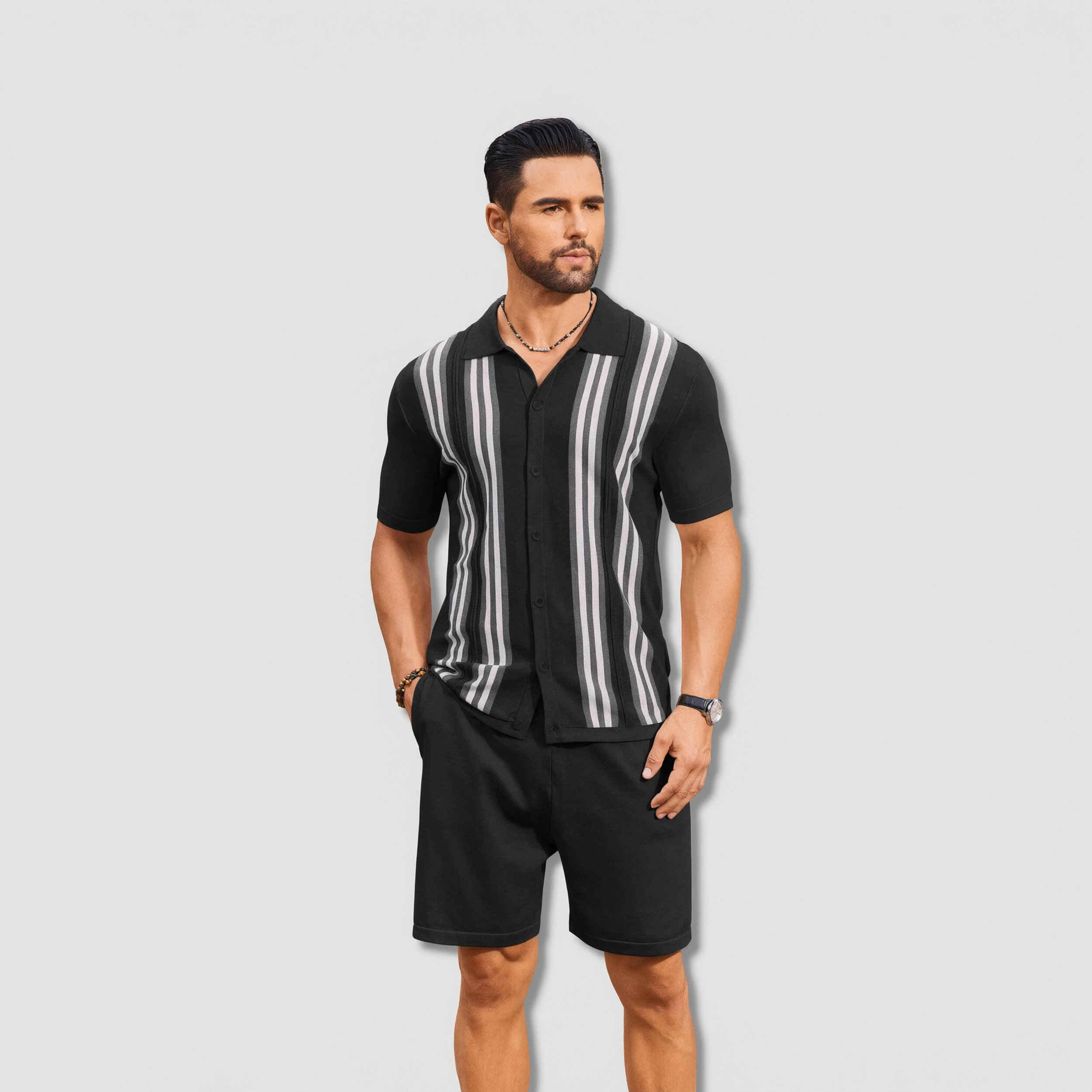 COOFANDY Men's Regular Fit Collar Neck Short Sleeve Shirt and Shorts Two Piece Set