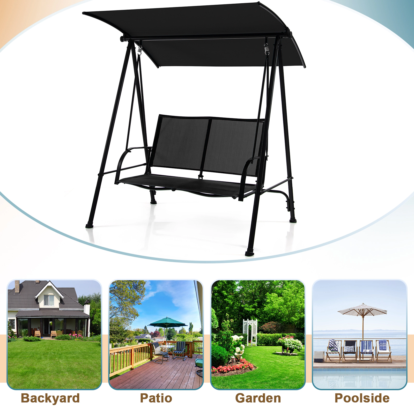 LJG 2-Seat Outdoor Canopy Swing with Comfortable Fabric Seat and Heavy-Duty Metal Frame