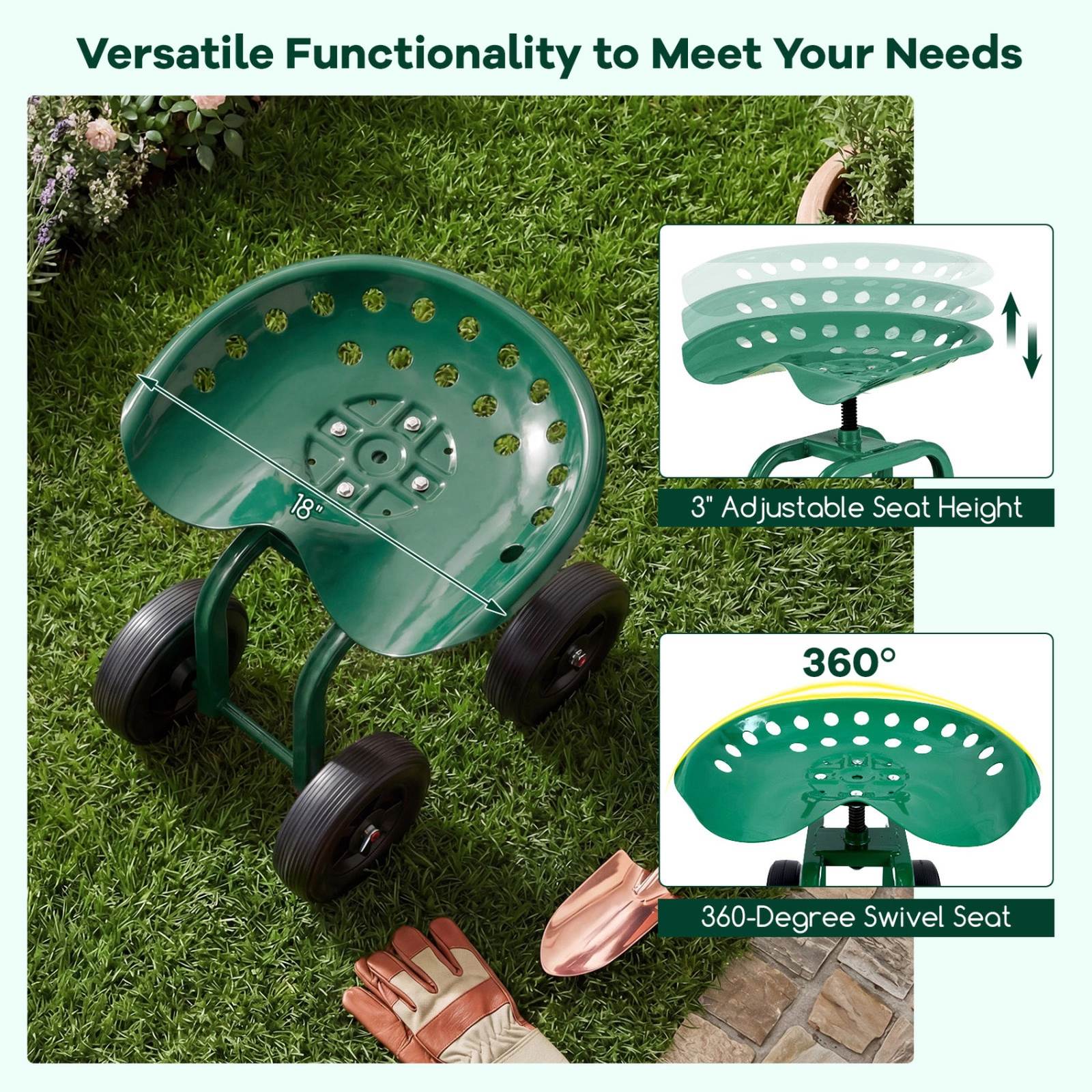 SUGIFT Garden Rolling Workseat Green with 360 Degree Swivel Seat and Adjustable Height