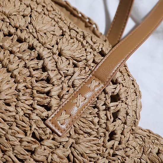 Alilang Women's Round Woven Straw Tote Bag with Zip Closure Shoulder Handles and Slip Pocket, Khaki