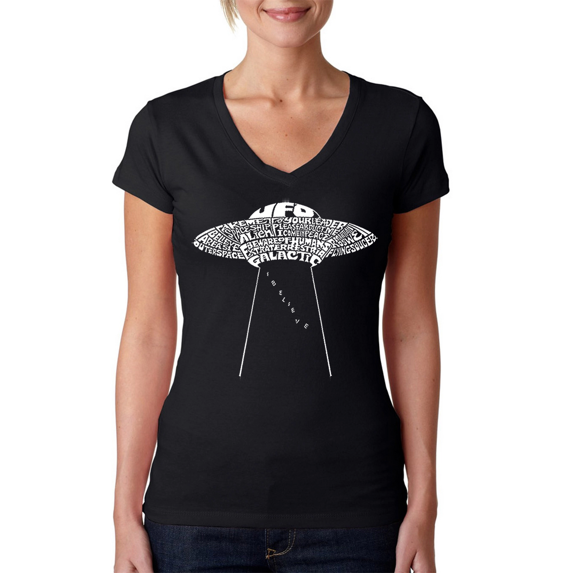 LA Pop Art Womens Word V-Neck T-Shirt - Flying Saucer UFO