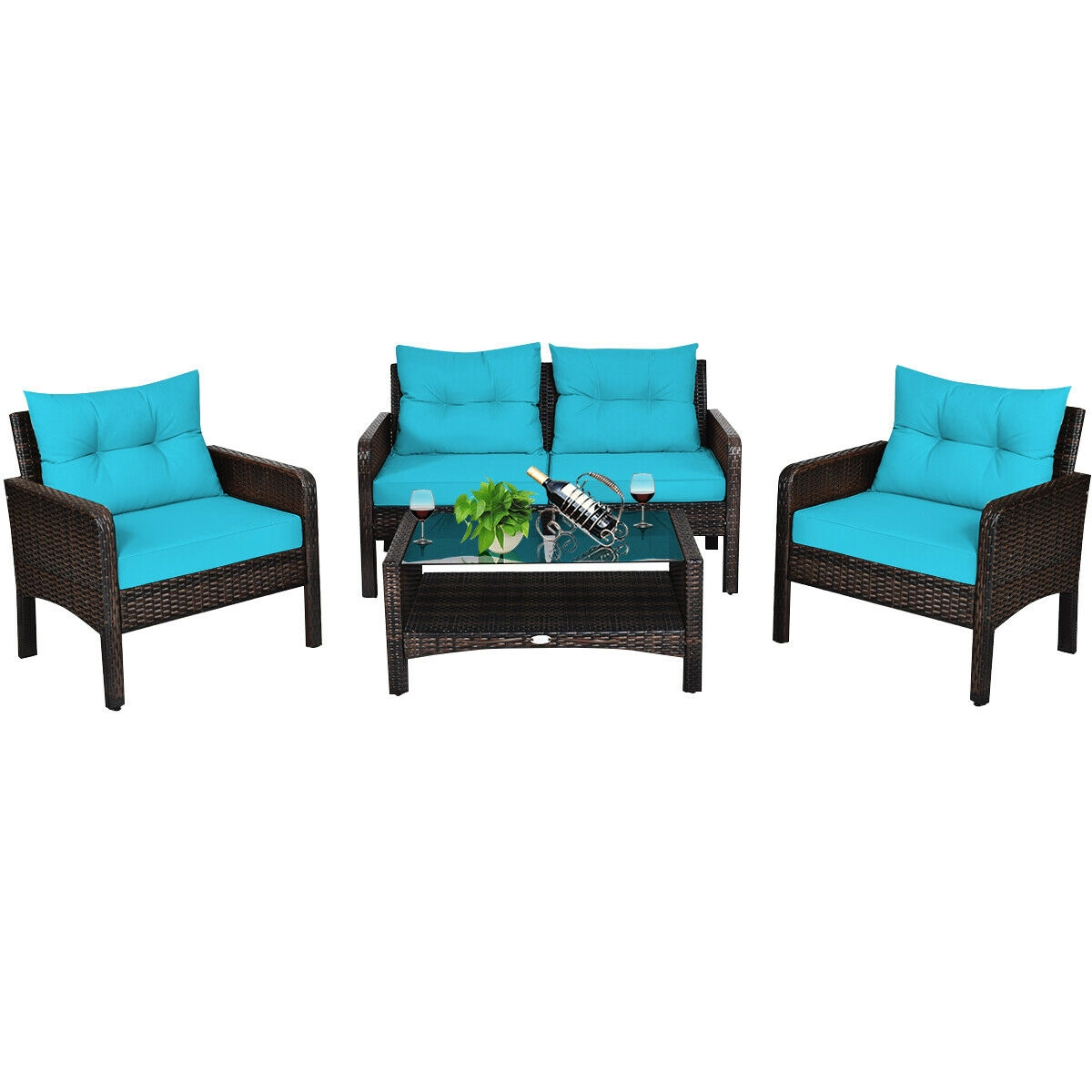 LJG 4 Pieces Outdoor Rattan Wicker Loveseat Furniture Set with Cushions