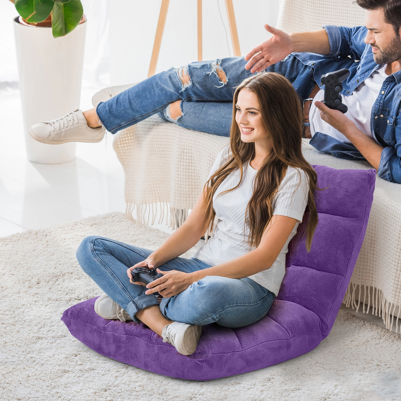 SUGIFT 14-Position Adjustable 200-lb Capacity Purple Cushioned Folding Floor Chair with Back Support