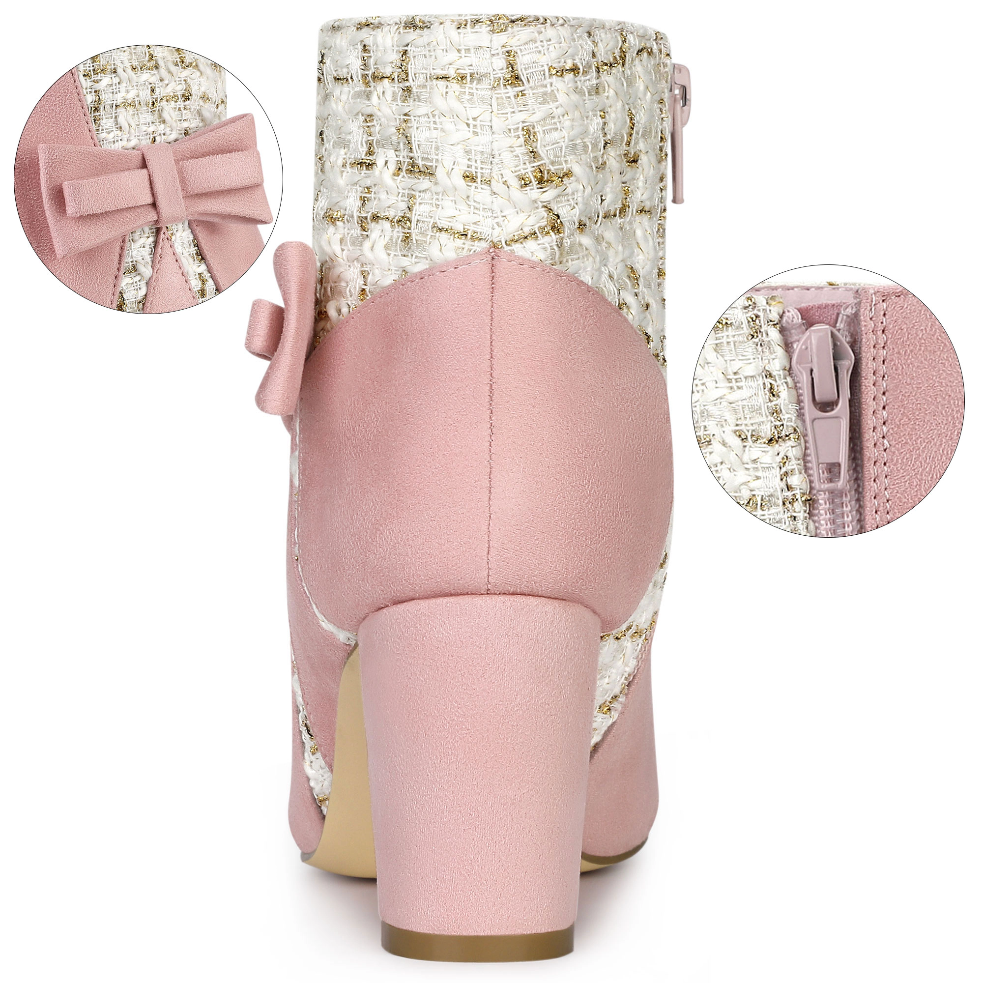 BLISSFUL STEP Women Tweed Plaid Bow Block Heels Ankle Boots
