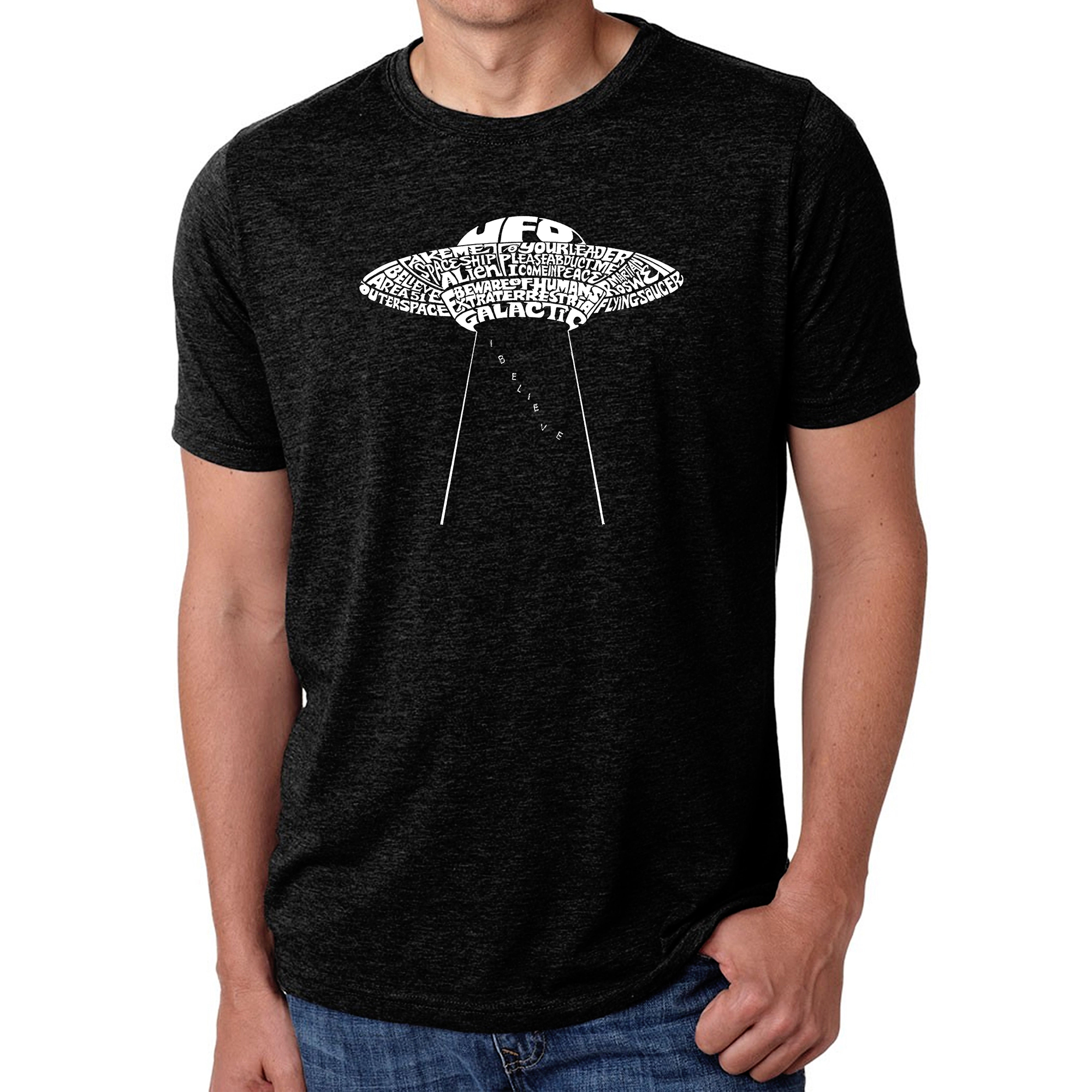 LA Pop Art Men's Cotton/Poly Blend Word T-Shirt - Flying Saucer UFO