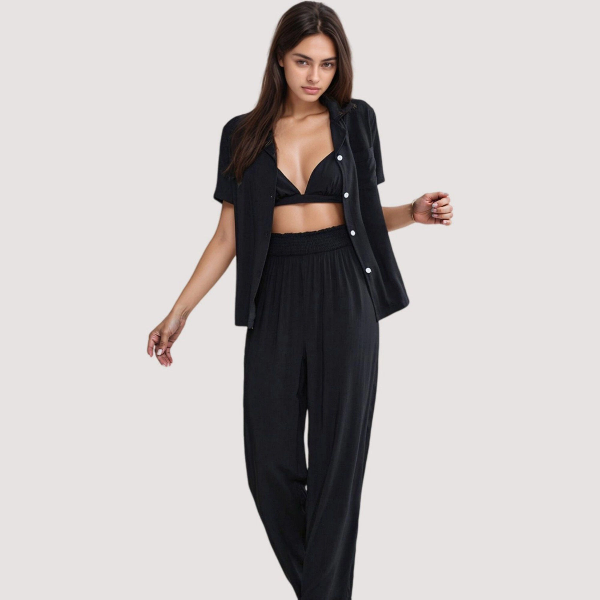 Anna-Kaci Women's 3-Piece Pajama Set with Bralette Top Button Down Shirt and Wide Leg Pants