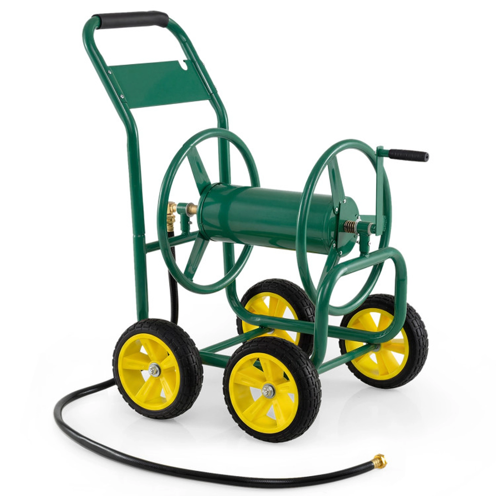 SUGIFT 4-Wheel Garden Water Hose Reel Cart Foam-Padded Handrail 330-ft 5/8-in or 400-ft 1/2-in Hose Capacity Green