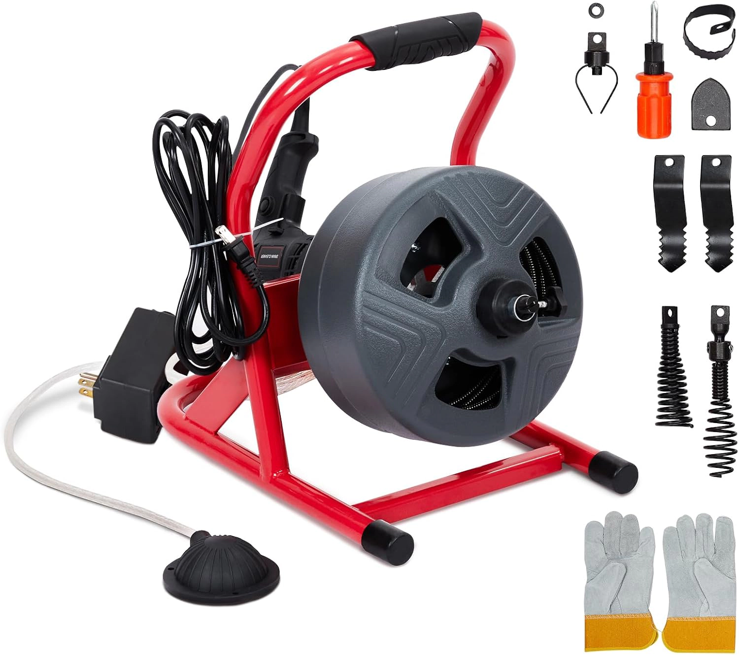 50Ft Electric Drain Cleaner Machine with Foot Switch & 6 Cutters, Sewer Snake for 3/4" to 3" Pipes