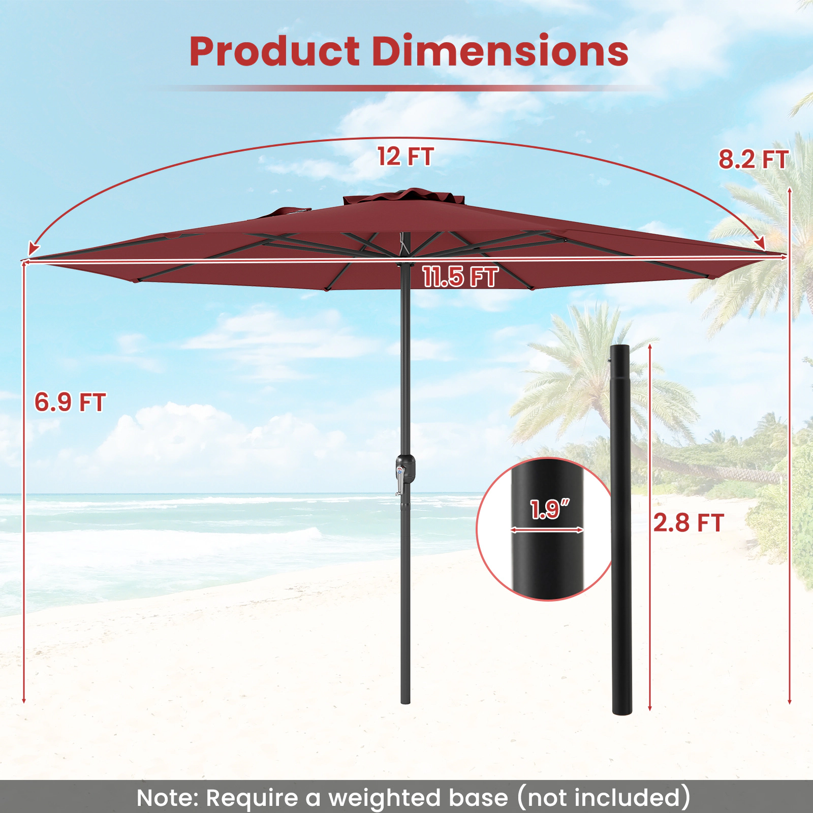 SUGIFT 12-Ft Patio Umbrella with Crank Handle and 8 Sturdy Ribs 12 x 8.2-in Canopy 6.9-ft Umbrella Rim Height Red