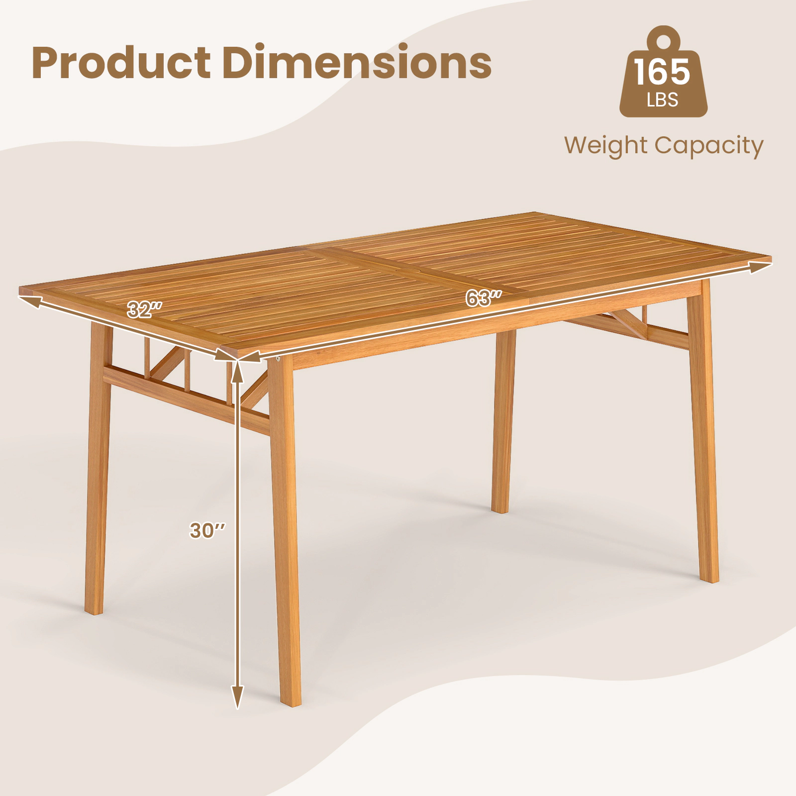 SUGIFT Outdoor Acacia Wood Dining Table with Umbrella Hole 63-in Long 165-lb Capacity Seats 4-6 Natural