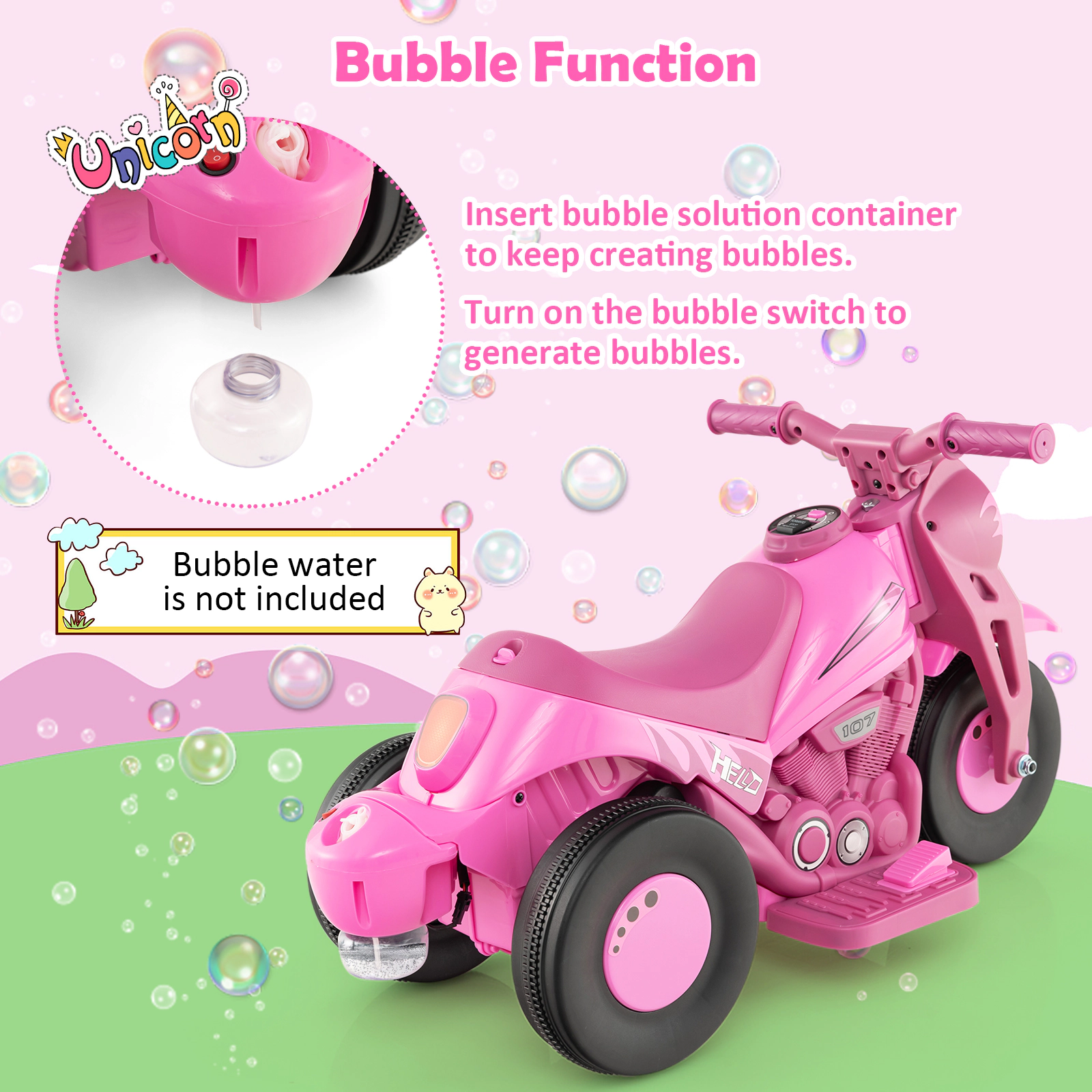 SUGIFT 6V Kids Electric Ride-On Motorcycle with Bubble Maker and Music 66-lb Capacity with LED Head Light Pink