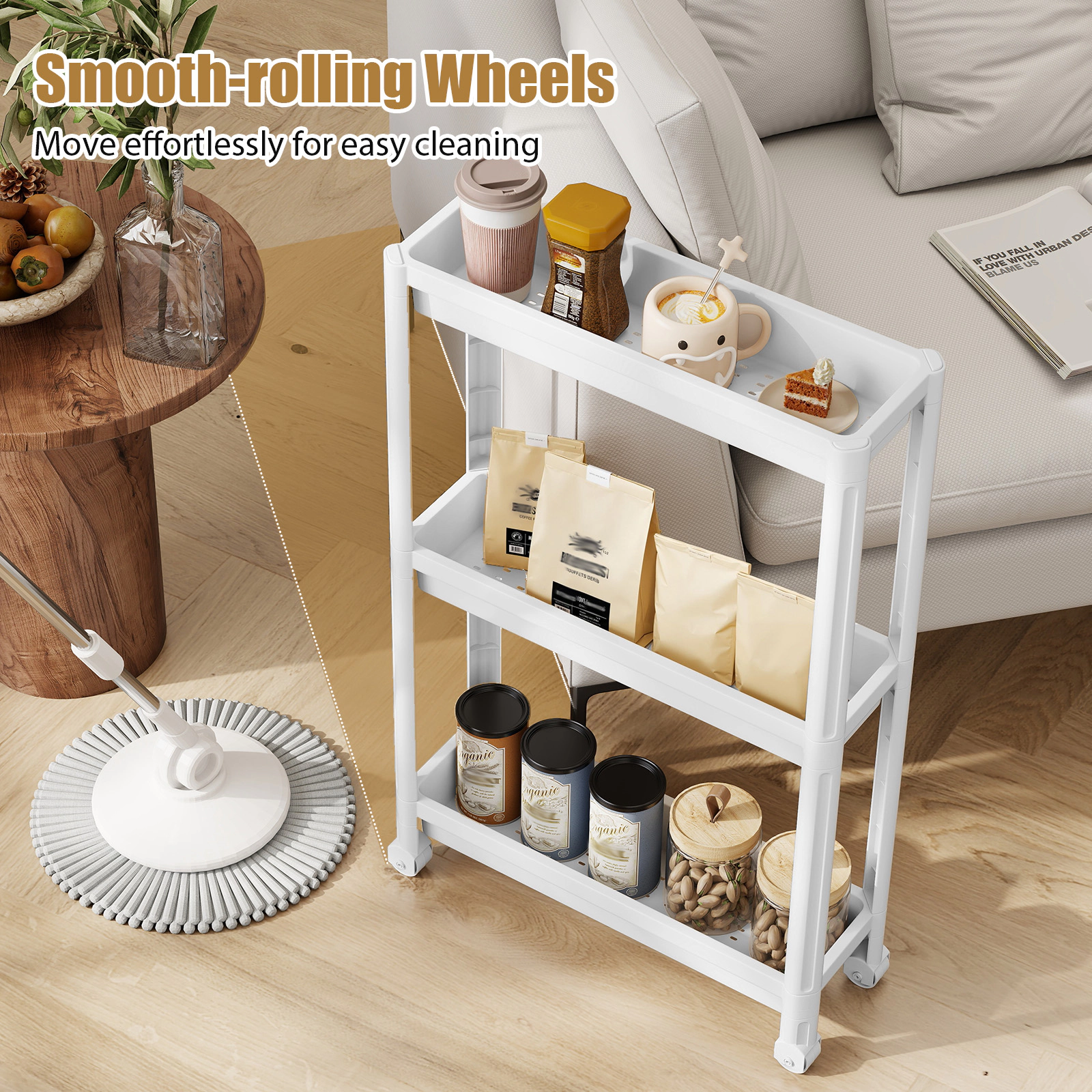 SUGIFT Set of 2 White 3-Tier Slim Rolling Storage Cart 7-in Under Sink Organizer for Bathroom and Kitchen