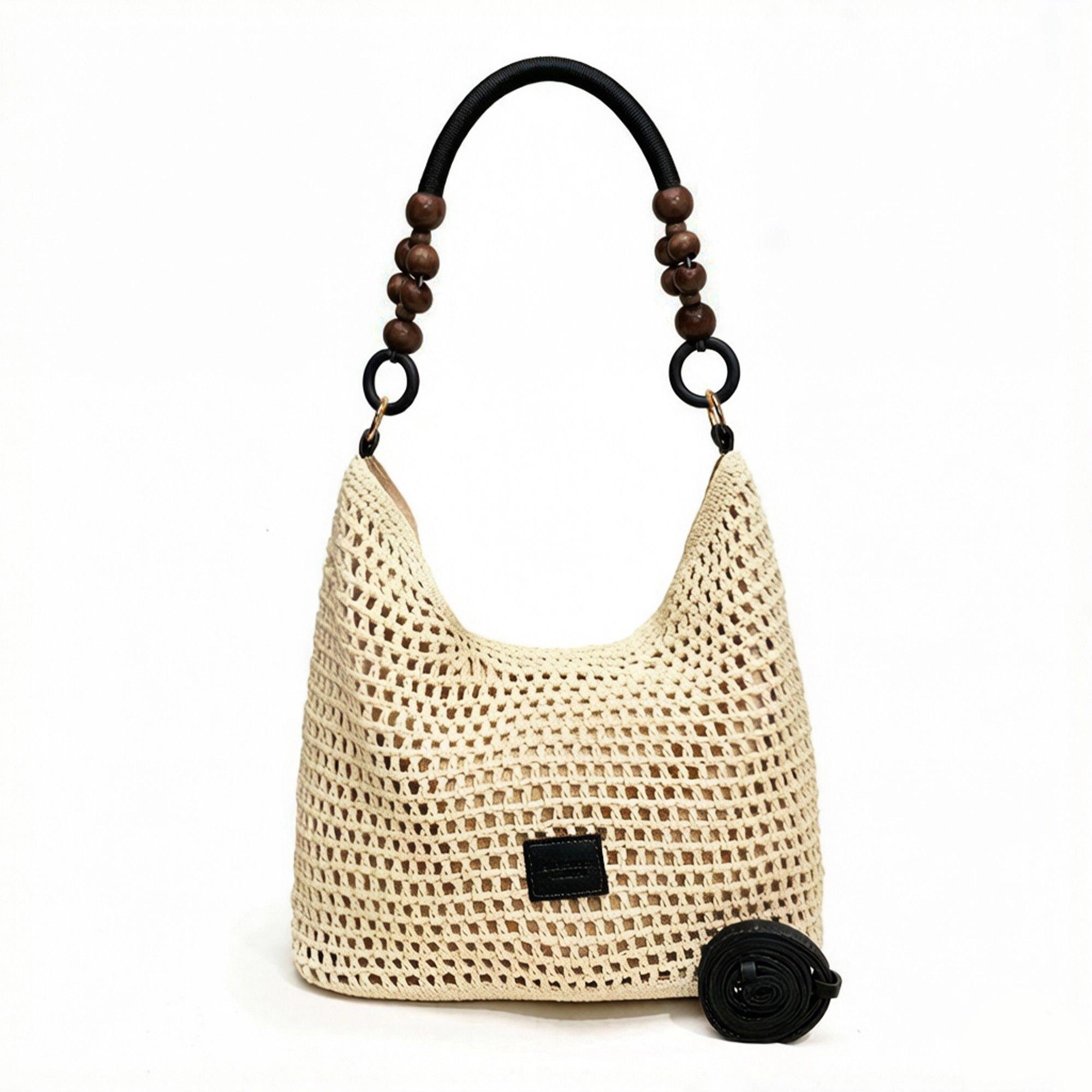 Alilang Women's Crochet Hobo Shoulder Bag Wooden Bead Handle Open Weave Knit Handbag Slouchy Summer Carryall Tote