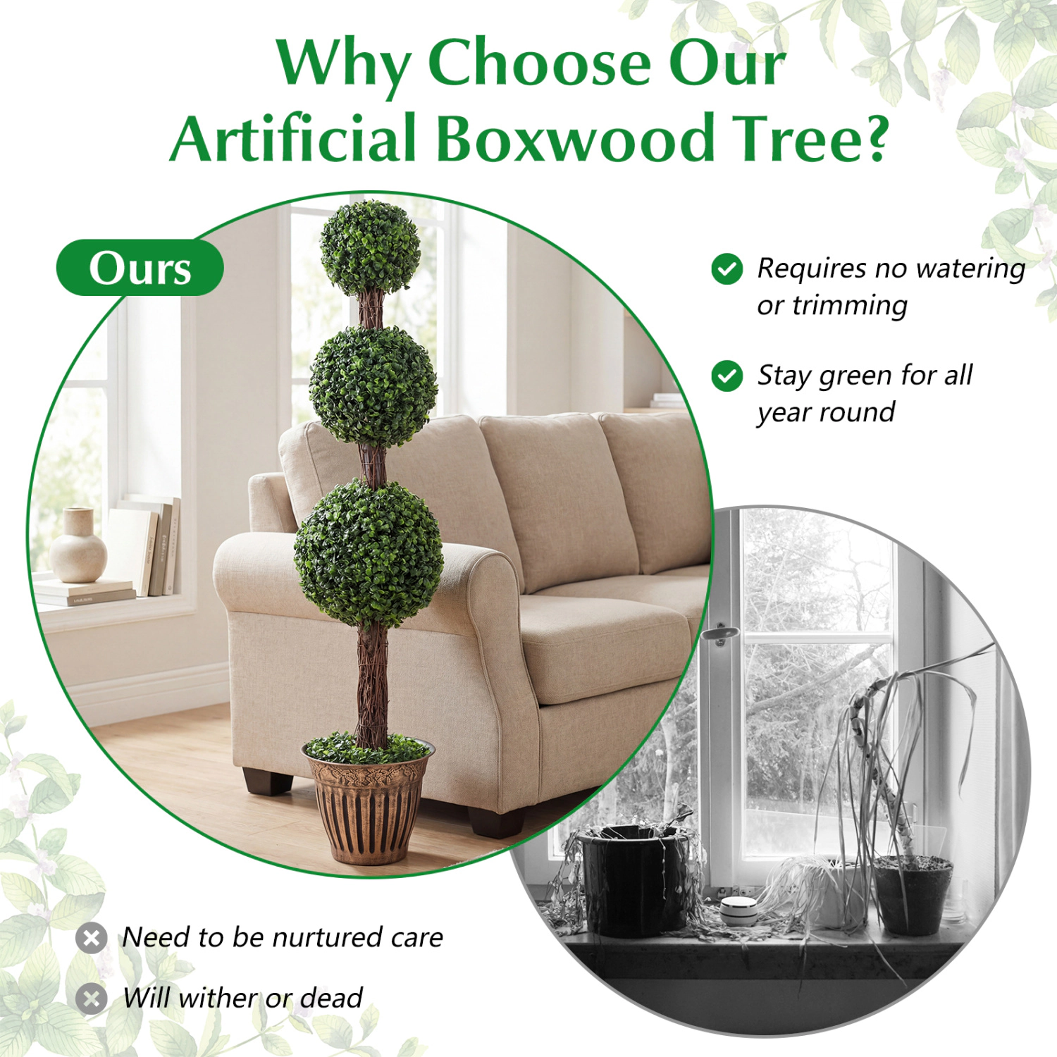 SlickBlue Artificial Triple Ball Boxwood Topiary Tree Potted Green Decor
